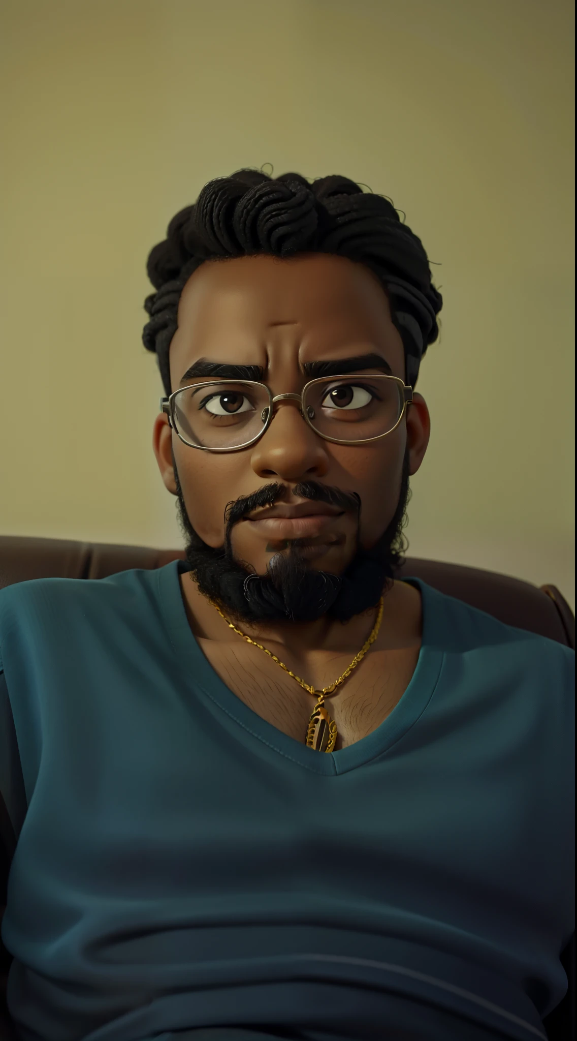 Black man with wavy hair wearing glasses sitting on sofa with fixed gaze