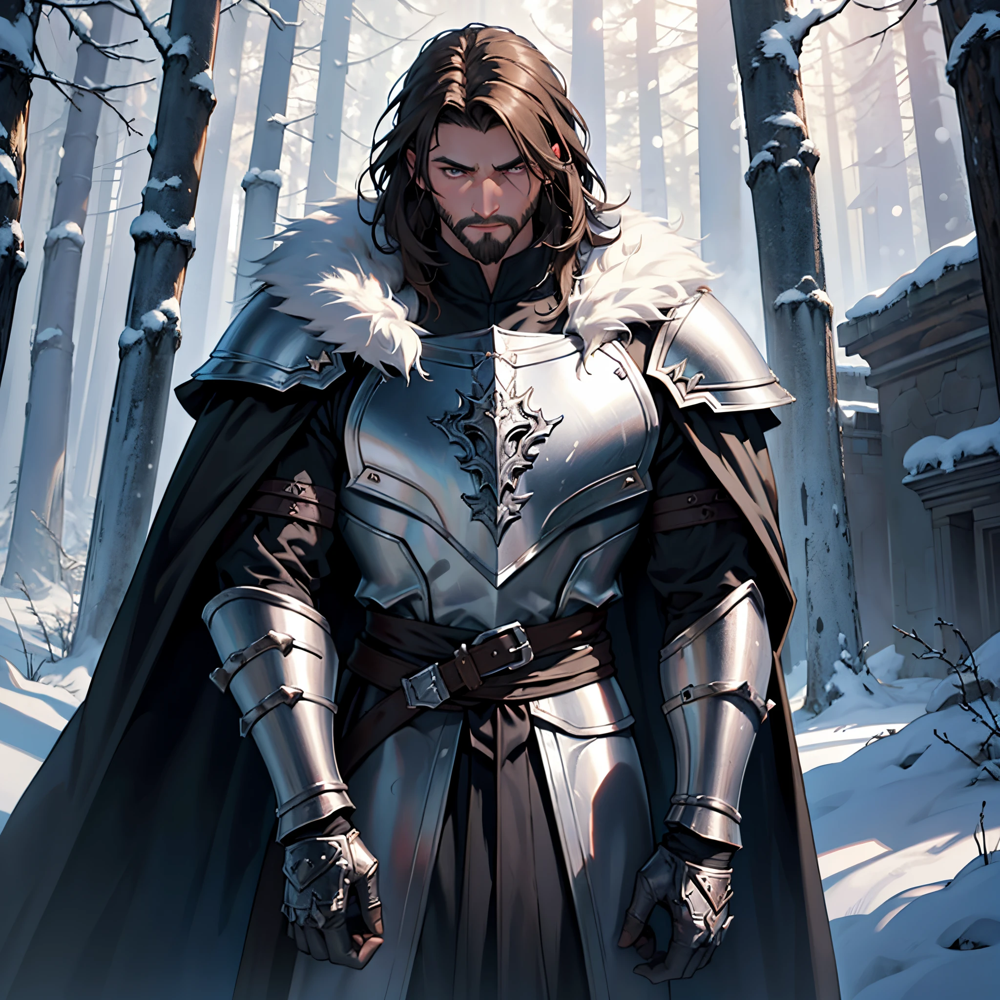 Fantasy, Middle Ages, Brunette powerful warrior with facial hair, white steel armor, pale-skin, .The man has steel armor and a fur cloak..  Mascara around the eyes, shadows under the eyes,It's very serious..........., Background with: Ruins in the forest in front of the snow-covered castle