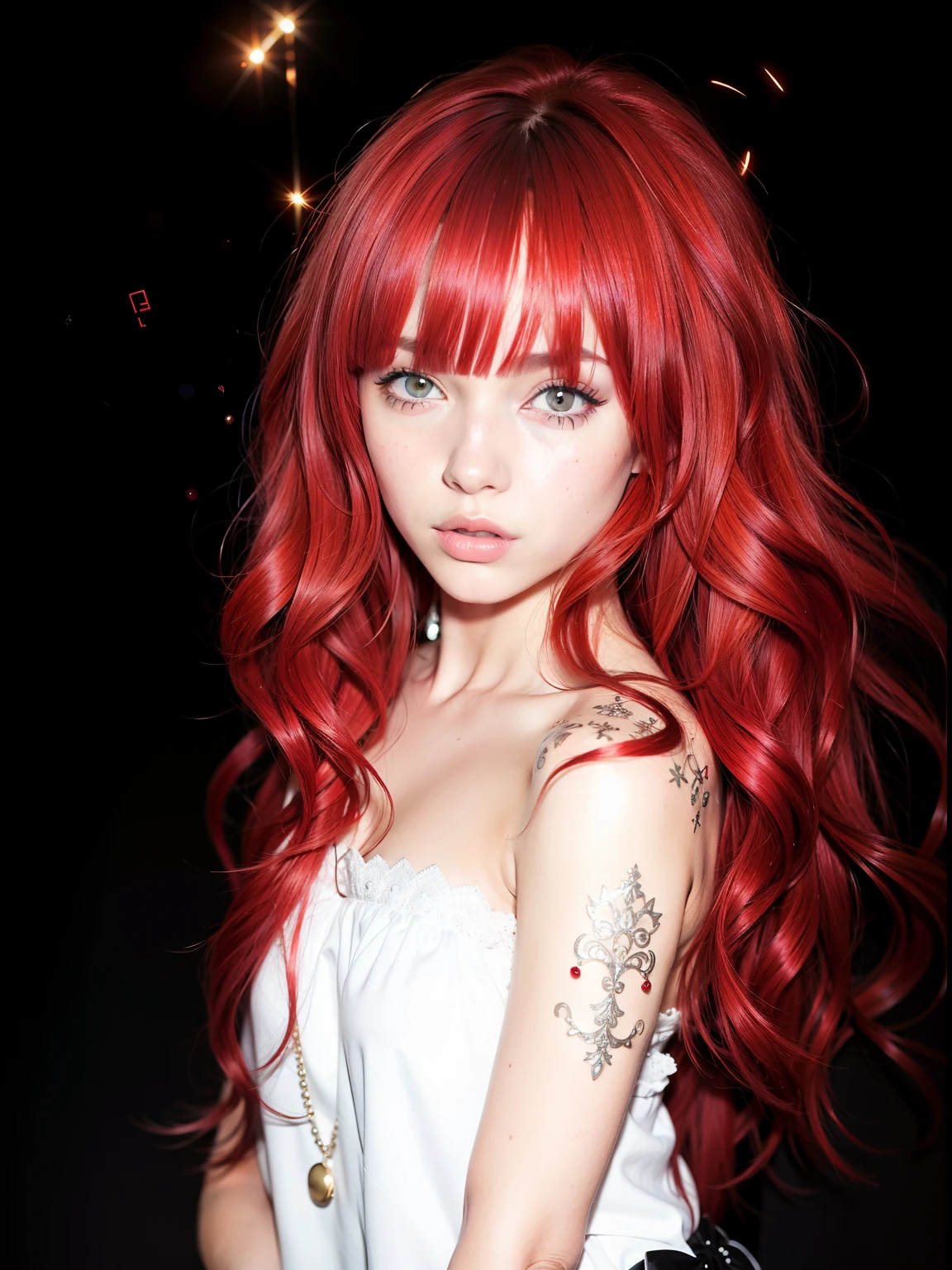 Un primer plano de una mujer con el pelo rojo y un vestido blanco, con el pelo largo y rojo, pale red, red tinted hair, crimson red hair and red eyes, Cabello rojo ondulado y vibrante, cabello rojo brillante, Cabello rojo vibrante, peluca roja, con cabello rojo rizado, muy largo y ondulado cabello rojo fuego, color rojo, Red crimson hair, cabello rojo brillante, demasiado rojo