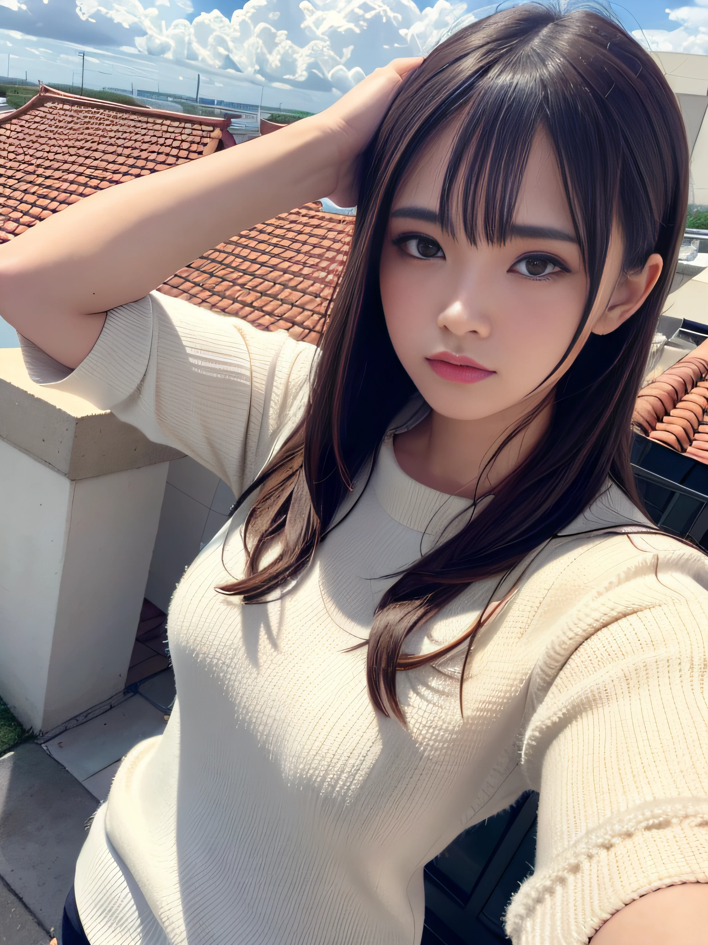 (Solo:1.3)), 1girl in, Best Quality, Realistic, Photorealistic, Best Quality, masutepiece, Very delicate and beautiful, Very detailed, (Selfie:1.2), Fine detail, Ultra Detail, High Definition, Very detailed, Realistic, Ultra high definition, Best Quality, Ultra high definition, (Real:1.4), high quality texture, wearing white and thin summer knitwear,, On the rooftop, Bangs, Long hair , Afternoon light, Magnificent sky and clouds