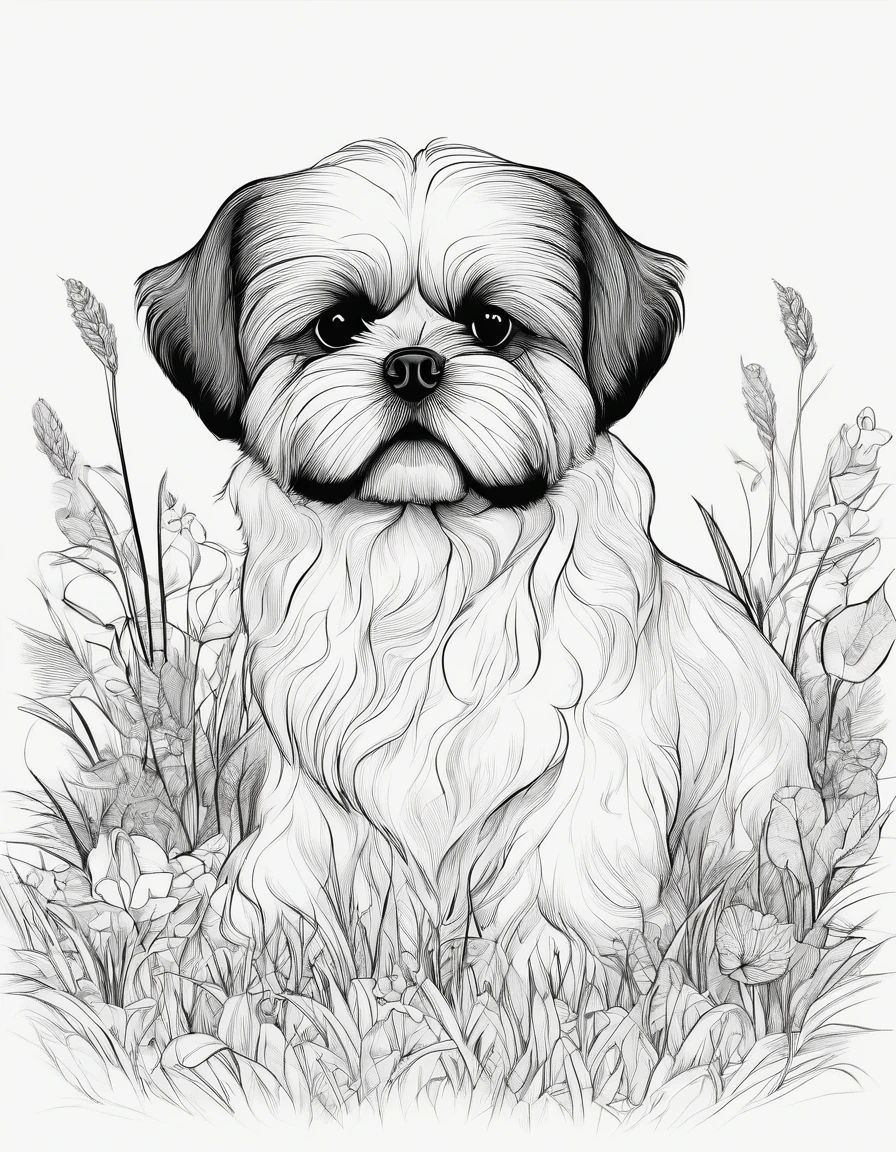 Shih Tzu laying down in grass, for coloring page, high quality, black and white, no shading