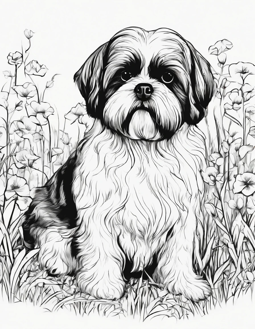 Shih Tzu laying down in grass, for coloring page, high quality, black and white, no shading