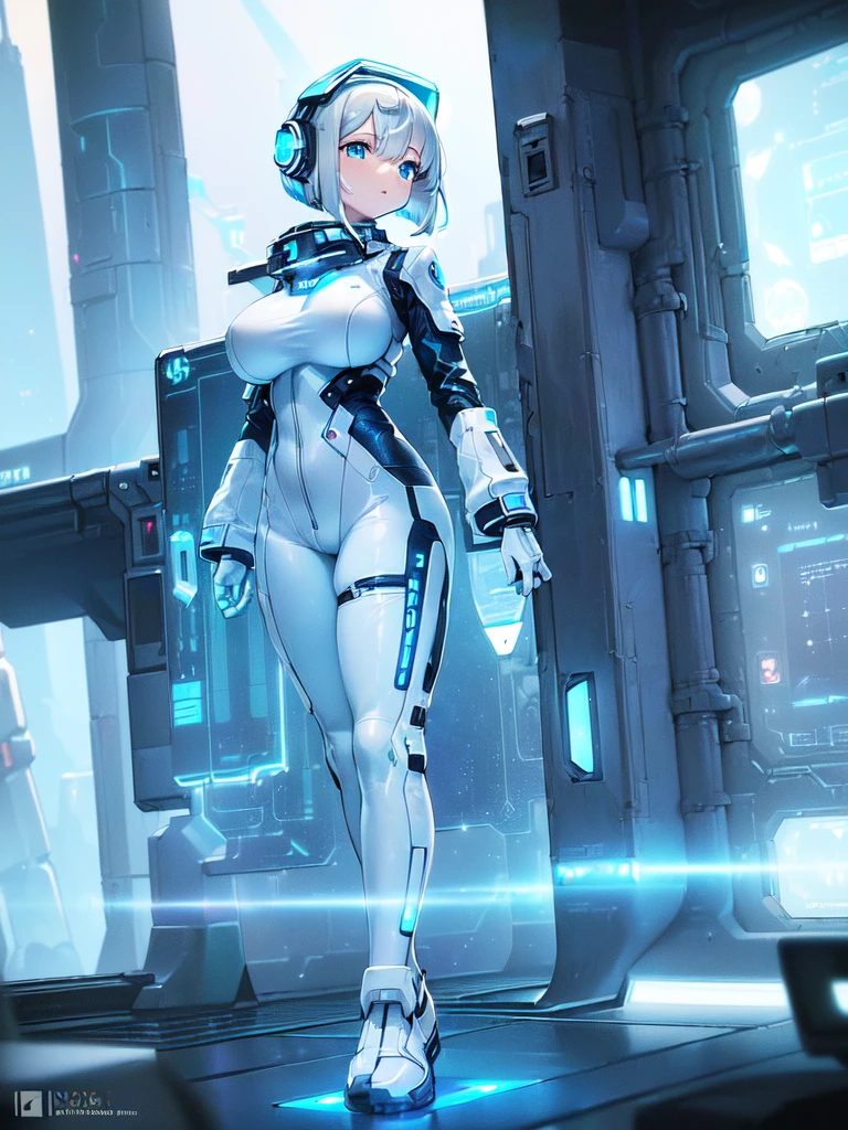 masterpiece:1.4, 1girl in ((20yr old, Wearing a futuristic white and silver costume, Tight Fit Bodysuit, long boots, Very gigantic-breasts, Multicolored blonde hair, a short bob, Perfect model body, Blue eyes:1.2, Wearing headphones, Looking out the window of the futuristic sci-fi space station、While admiring the beautiful galaxy:1.2, SFSF control room on night background:1.1, Neon and energetic atmosphere:1.2)) ((Galaxy))