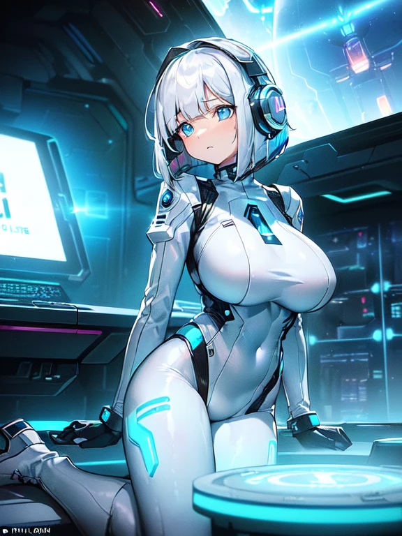 ​masterpiece:1.4, 1girl in ((20yr old, Wearing a futuristic white and silver costume, Tight Fit Bodysuit, long boots, Very gigantic-breasts, Multicolored blonde hair, a short bob, Perfect model body, Blue eyes:1.2, Wearing headphones, Looking out the window of the futuristic sci-fi space station、While admiring the beautiful galaxy:1.2, SFSF control room on night background:1.1, Neon and energetic atmosphere:1.2)) ((Galaxy))