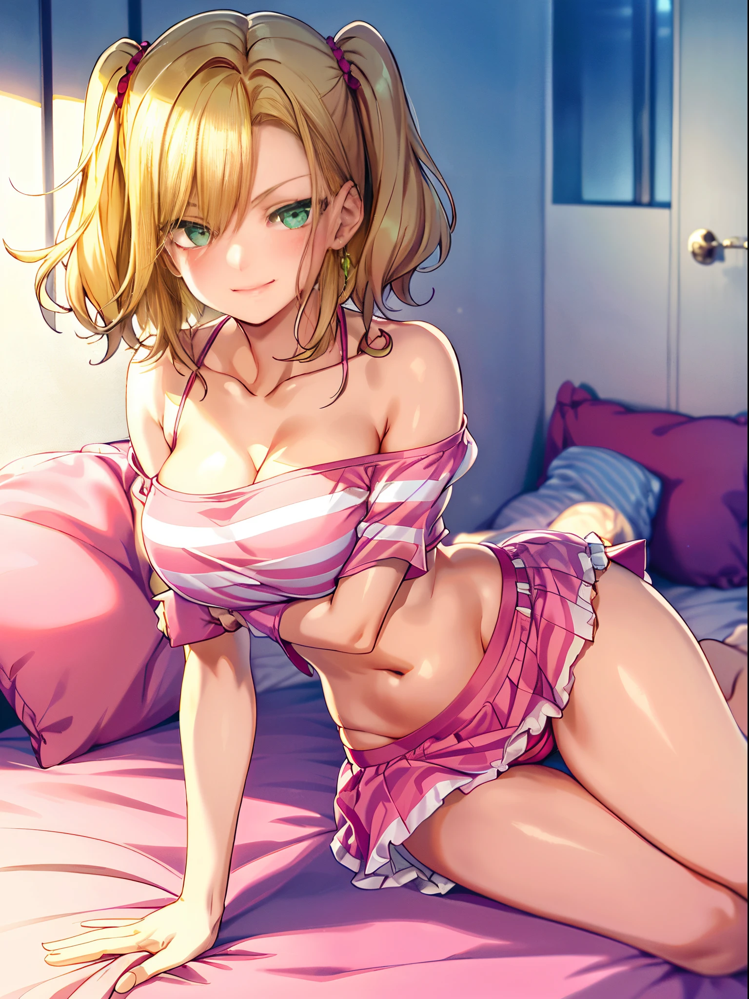 tmasterpiece, best qualtiy, ultra - detailed, absurderes, Portrait Beautiful Android 18db,爆乳、 独奏, 耳Nipple Ring, (The bikini:1.5),Underdressing,jewely, (Off-the-shoulder clothing:1.5),cleavage, masterpiece, super fine illustration, best quality, light particles, ultra-detailed, 8K wallpaper, (bright colors:1.2), solo, ((a )), big breasts, (blonde hair), disheveled hair, short hair, twintail, two side up hair, scrunchie, curly hair, shiny hair, shiny skin, (wearing pale pink and white horizontal striped dress, short sleeve), (frilled miniskirt), (white legwear), ((horizontal striped panty)), (beautiful green eyes, shiny eyes, big eyes), affectionate smile, seductive smile, closed mouth, blush cheeks, (naughty room), (pink bed), (pink pillows), (pink curtain), looking back, get down all fours, nsfw, sunlight, shadow,