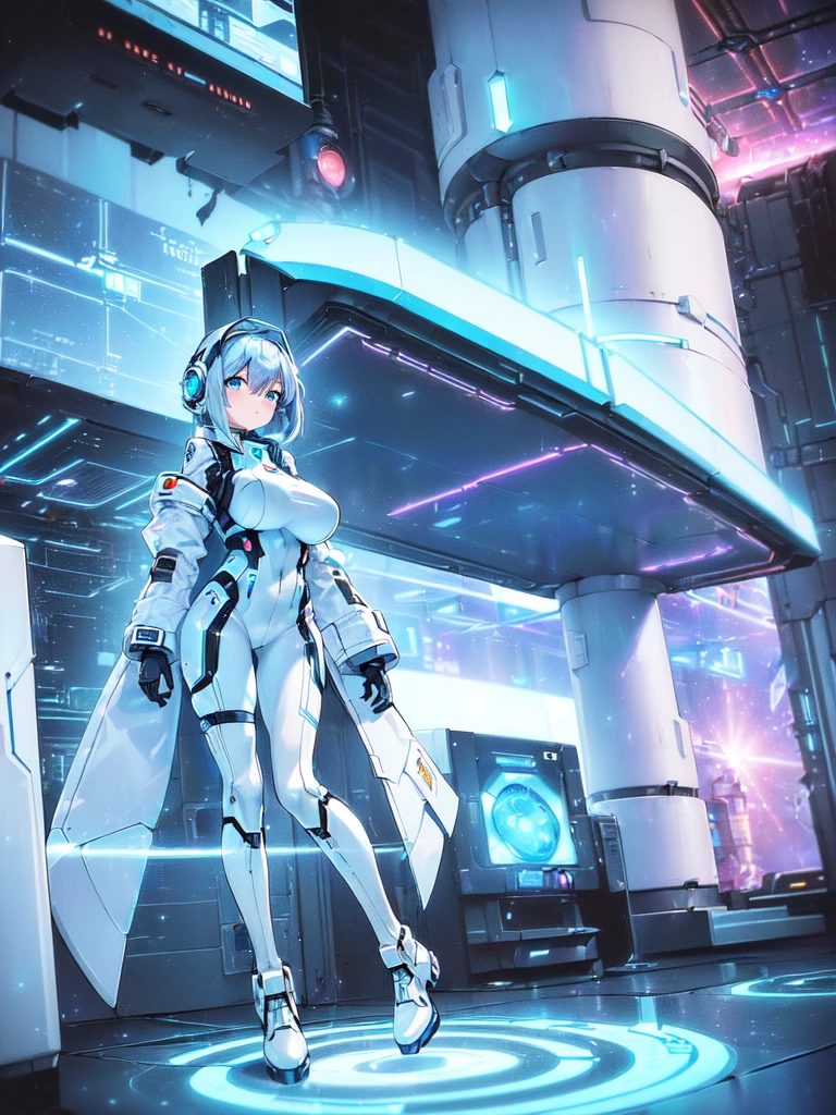 masterpiece:1.4, 1girl in ((20yr old, Wearing a futuristic white and silver costume, Tight Fit Bodysuit, long boots, Very gigantic-breasts, (colorful blue hair):1.3, a short bob, Perfect model body, Blue eyes:1.2, Wearing headphones, Looking out the window of the futuristic sci-fi space station、While admiring the beautiful galaxy:1.2, SFSF control room on night background:1.1, Neon and energetic atmosphere:1.2)) ((Galaxy))