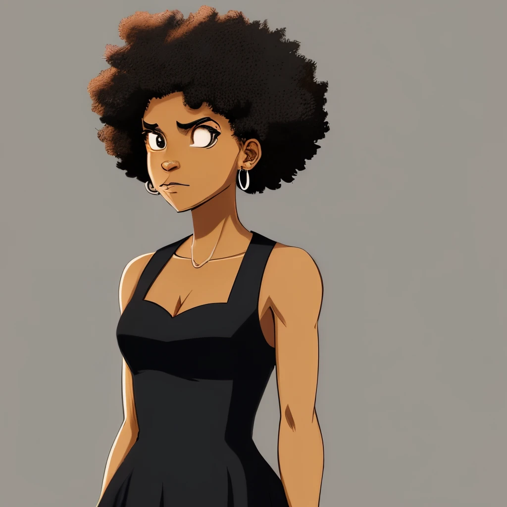 female adult boondocks character with define curly black Afro hair. that’s 4’9 with brown skin, brown eyes, dress somewhat of a tomboy, with silver earrings and sliver nose ring
