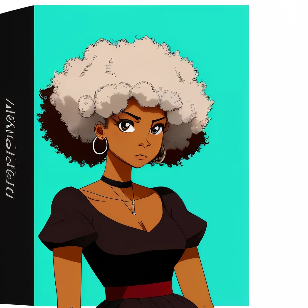 female adult boondocks character with define curly black Afro hair. that’s 4’9 with brown skin, brown eyes, dress somewhat of a tomboy, with silver earrings and sliver nose ring