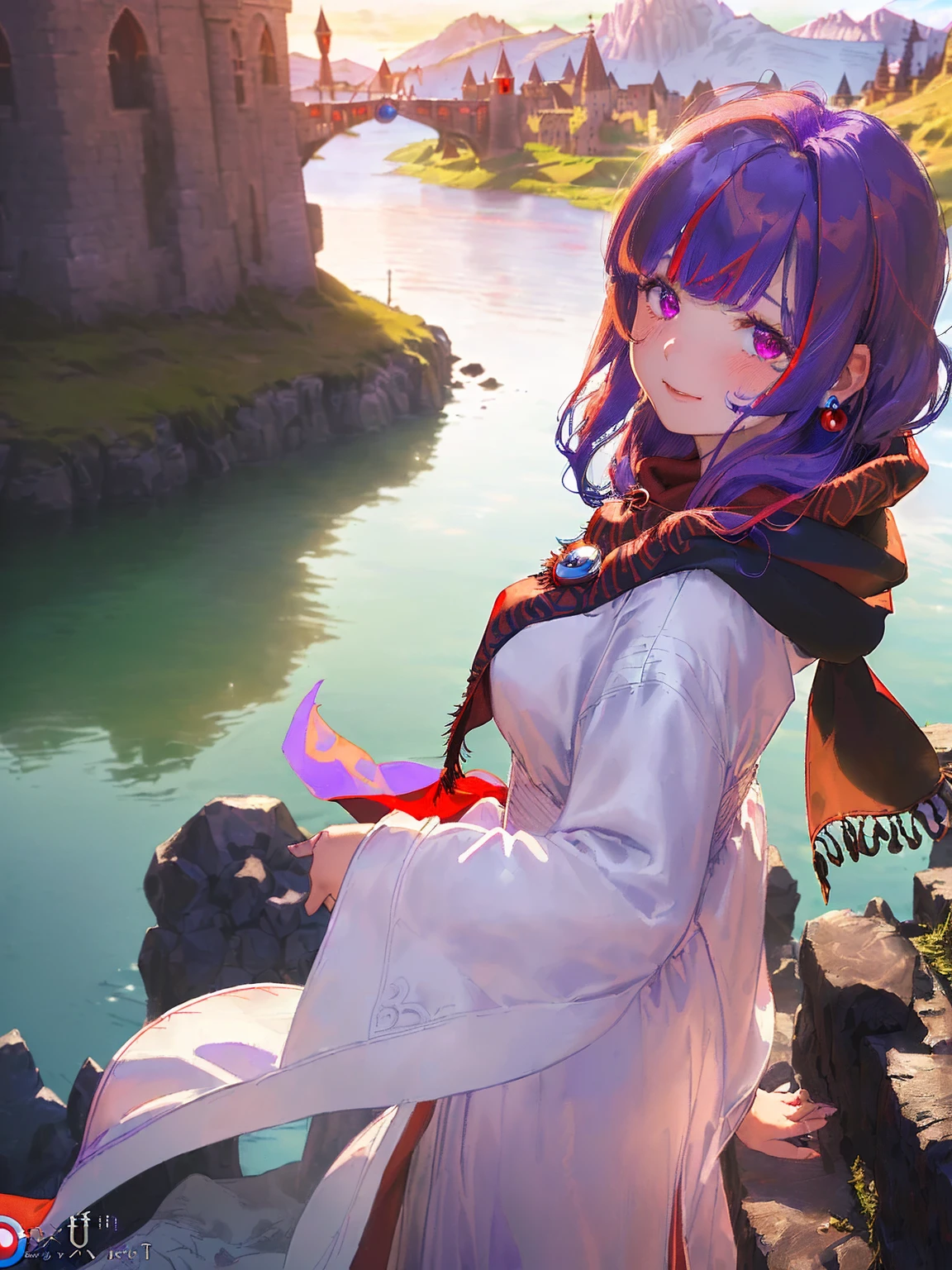 ((((DQ2 Moonberg Princess)))), ((1little girl)), 13years, (((deep purple hair))), (Blunt bangs), (Fluffy long hair), (Deep red eyes), ((((red hood)))), (Lotto emblem on the hood), (((purple red stole))), Pearl earrings, (((White robe with red edging))), ((drooing eyes)), Holding a magic wand in his left hand, 

((By the river)), 
photographrealistic, Sense of depth, Absurd resolution, High resolution, 8K, 4K, detail, Best Quality, (Raw photo, Best Quality, masters:1.2), (Realistic, Photorealsitic:1.37), ultra-detailliert,
Smile, Looking at the camera, full-face blush, , (Walking), (Looking back), Angle from below, Full body shot,