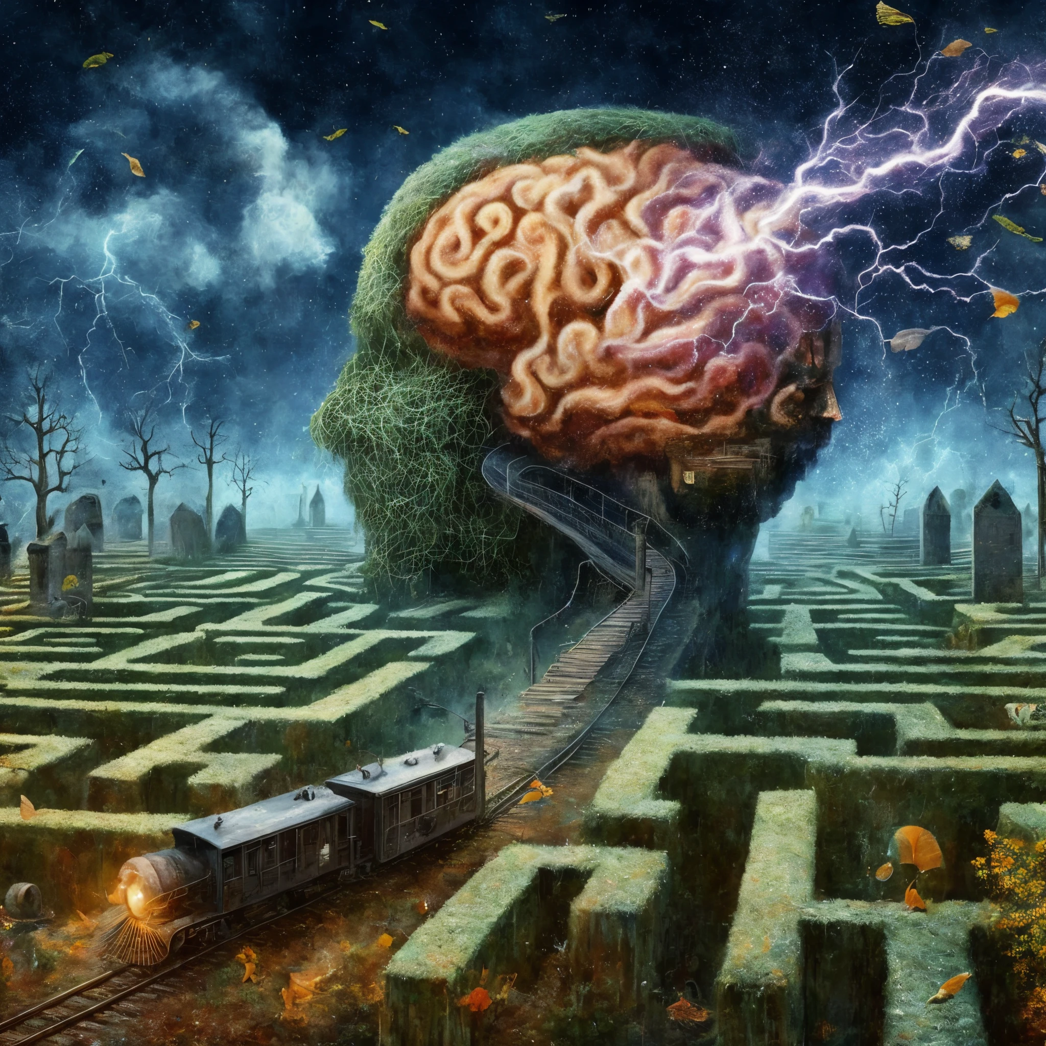 Eine Nahaufnahme eines Zuges, who drives through a labyrinth, mit einem Gehirn in der Mitte, Betreten des Gedankenlabyrinths, Matte Malerei des menschlichen Geistes, Erinnerung in der Ewigkeit gefangen, Tragedy of the mind - driven, Surreale Konzeptkunst, Surreale Kunst, Horror surrealistische Kunst, Surreale Illustration, Surreale, dark art, surrealistisch + Highly detailed, Biomechanische Eisenbahn, Illusion surrealistische Kunst