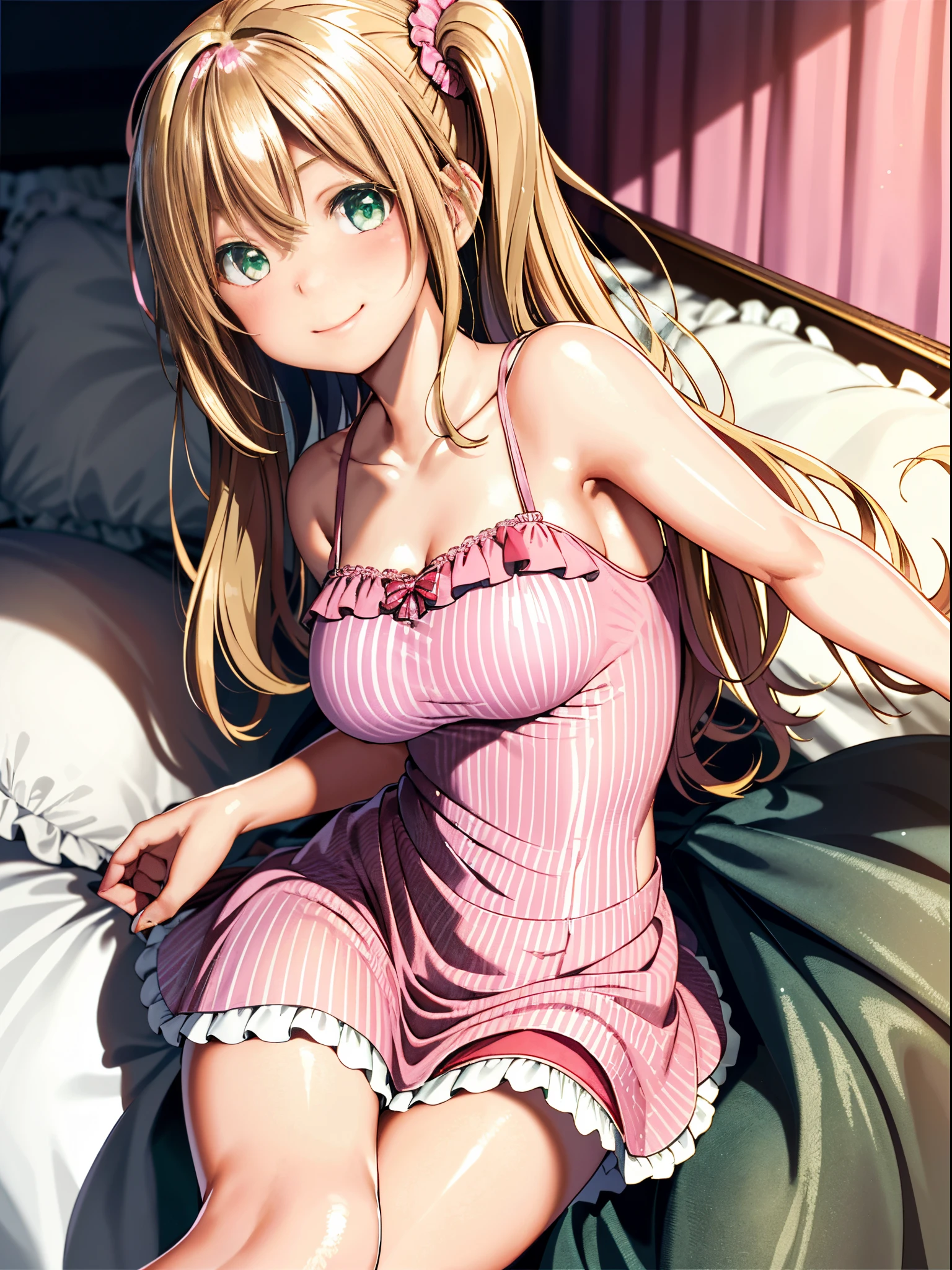 1girl, Arisa ichigaya, x hair ornament, blonde twintails, tank top, cleavage, sexy body, busty, lying on bed, panties, thighs, (blushing), pov, (from above view), smiling, realistic, photo