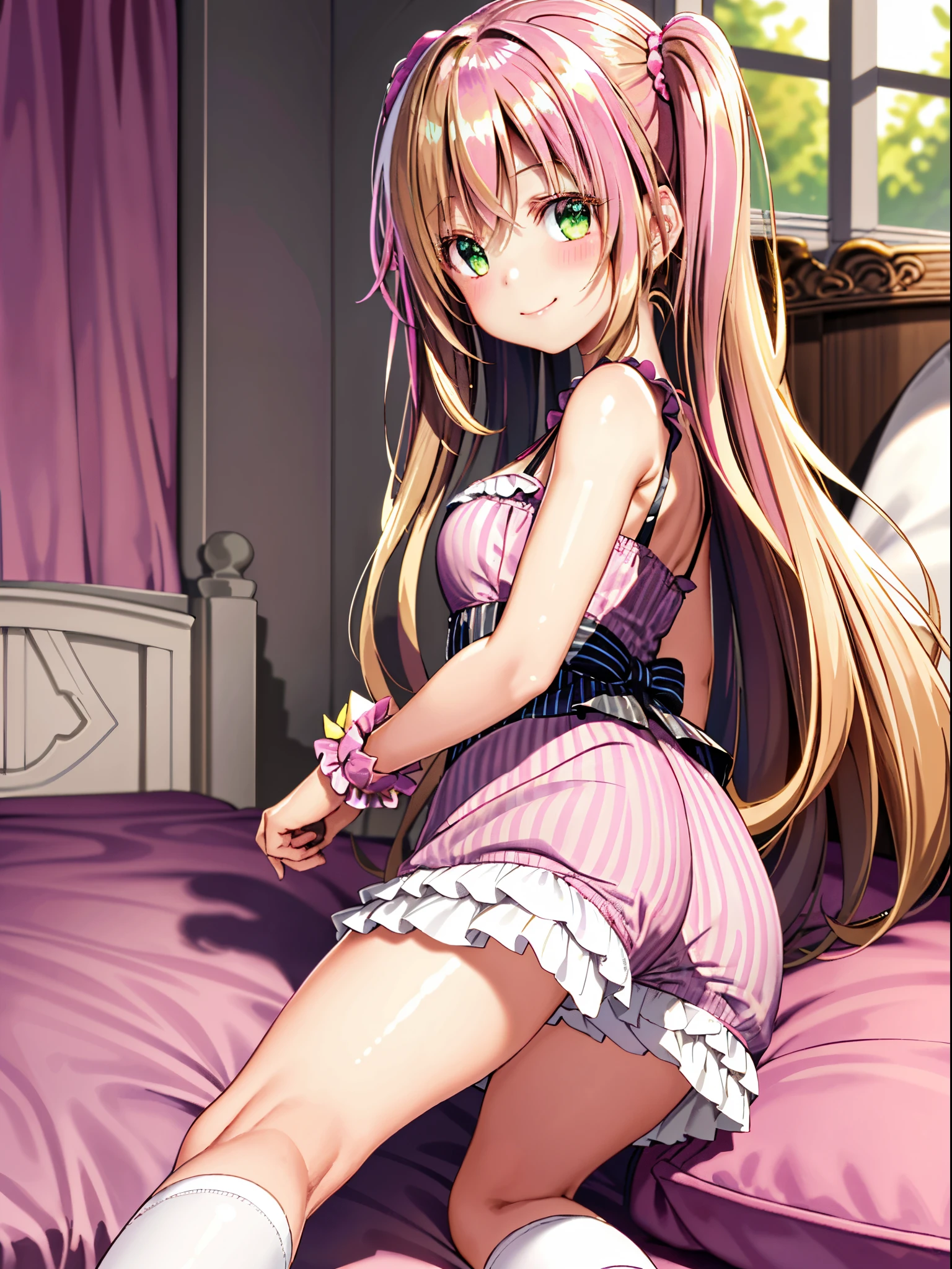 (best quality, masterpiece:1.2), (1girl, solo:1.2), cute, smile, (looking at viewer, solo focus:1.2), light on face, cowboy shot Kanata konoe, long hair, purple eyes, blonde hair, straight hair, light purple negligee,, masterpiece:1.5, high quality, light purple frill panties, blush, highest quality, very detailed,1 girl, alone, looking at the viewer, on bed, smile, blush, Sweat, cute, ((spread legs)), lying, on back, knees up, white background, camel toe, pussy juice, light on face, large chest, curvy, sleepy