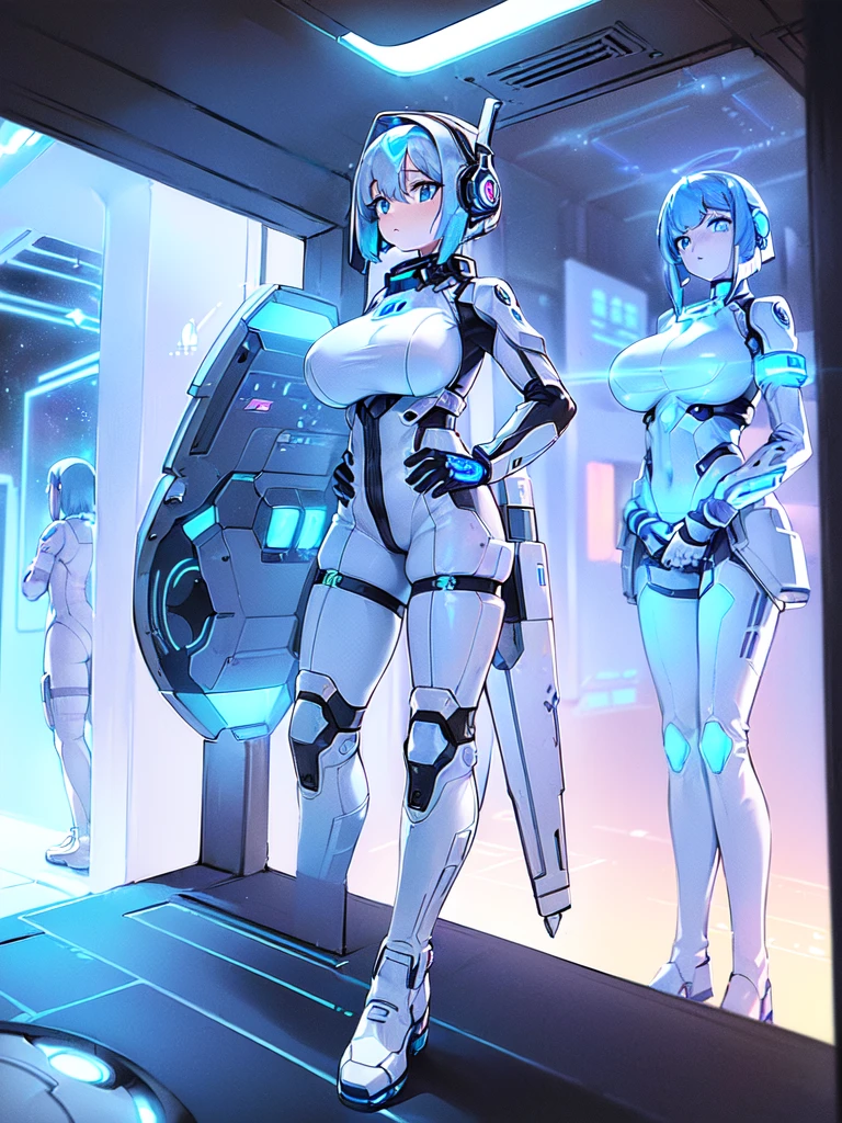 ​masterpiece:1.4, 1girl in ((20yr old, Wearing a futuristic white and silver costume, Tight Fit Bodysuit, long boots, Very gigantic-breasts, (Colorful blue hair):1.3, a short bob, Perfect model body, Blue eyes:1.2, Wearing headphones, Looking out the window of the futuristic sci-fi space station、While admiring the beautiful galaxy:1.2, SFSF control room on night background:1.1, Neon and energetic atmosphere:1.2)) ((Galaxy))