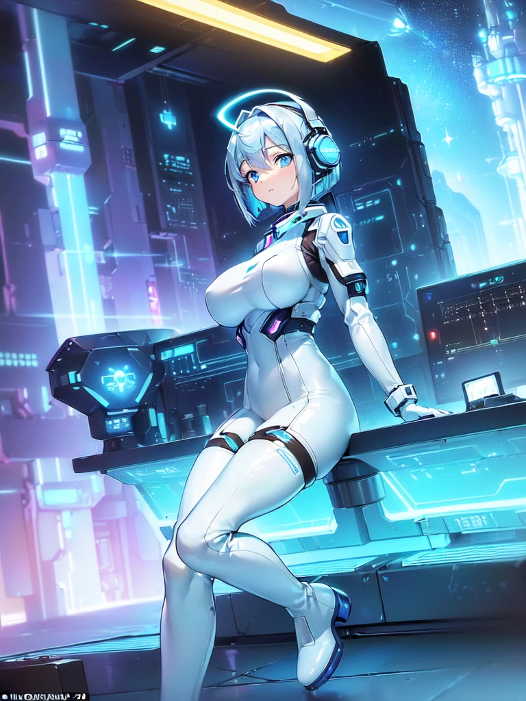 ​masterpiece:1.4, 1girl in ((20yr old, Wearing a futuristic white and silver costume, Tight Fit Bodysuit, long boots, Very gigantic-breasts, (Colorful blue hair):1.3, a short bob, Perfect model body, Blue eyes:1.2, Wearing headphones, Looking out the window of the futuristic sci-fi space station、While admiring the beautiful galaxy:1.2, SFSF control room on night background:1.1, Neon and energetic atmosphere:1.2)) ((Galaxy))