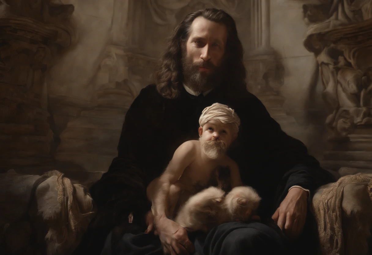 Baroque, Hyperrealism, 135mm, Nikon, chiaroscuro, cinematic lighting, god rays, drop shadow, Dutch Golden Age painting, Hyperrealism, Realism, Neoclassicism, UHD, retina, masterpiece, ccurate, super detail, high details, high quality, award winning, best quality, highres, 4K, hyper-realistic image, beard, black_hair, two dogs, facial_hair, multiple_boys, old, painting_(medium), rating_safe, barefoot, sitting, holding_hands, own_hans_clased, ribbon, muscular, long_hair, open_mouth, armor, bald, navel, old_man, multiple_girls, Caravaggio style image.