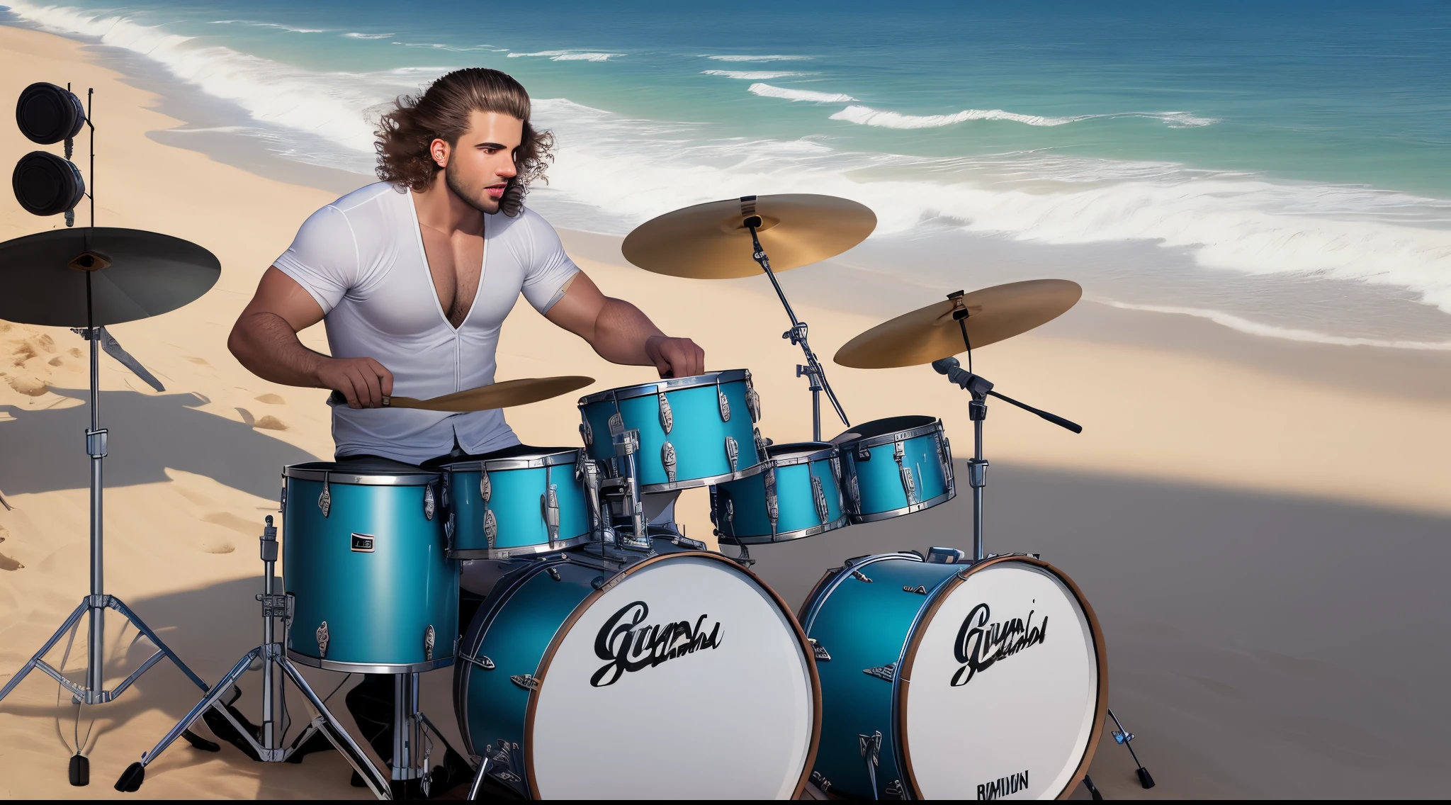 Bateria musical na praia com baterista masculino com cabelo branco