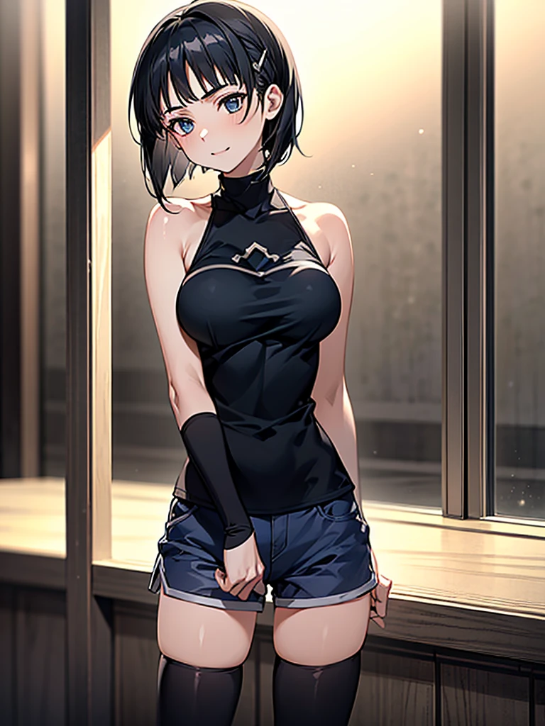 (greatest masterpiece, ultimate quality, ultra-detailed, movie lighting),1girl, solo, super fine illustration, an extremely delicate and beautiful, 8K, 21 years old, short black hair, blue eyes, pale skin, cute smile, wearing tanktop, hot pants, black knee high socks, zettai ryouiki, perfect female body, standing in downtown street, surrounded by crowd of people, dynamic composition, delicate lighting, highly detailed background, Kirigaya Suguha, Suguha, short hair, black hair, dark grey eyes, sword art online, Large breasts, bangs, eyebrows visible through hair, hairclips,