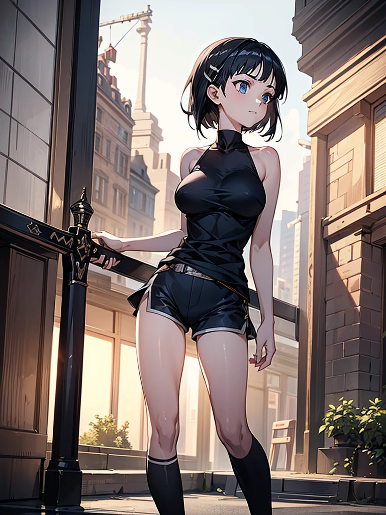 (greatest masterpiece, ultimate quality, ultra-detailed, movie lighting),1girl, solo, super fine illustration, an extremely delicate and beautiful, 8K, 21 years old, short black hair, blue eyes, pale skin, cute smile, wearing tanktop, hot pants, black knee high socks, zettai ryouiki, perfect female body, standing in downtown street, surrounded by crowd of people, dynamic composition, delicate lighting, highly detailed background, Kirigaya Suguha, Suguha, short hair, black hair, dark grey eyes, sword art online, Large breasts, bangs, eyebrows visible through hair, hairclips,