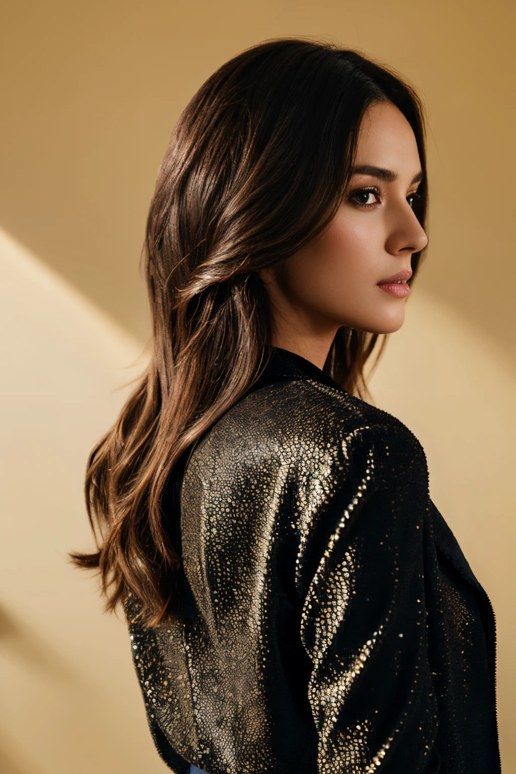 Best Quality, photorealestic, Ultra-detailed, finely detail, hight resolution, 8k wall paper, Professional, (Attractive 20 year old woman ), Elegant and stylish middle length hair different coloring, velvet black jacket, girl look from the back ), natural lighting, On light Background