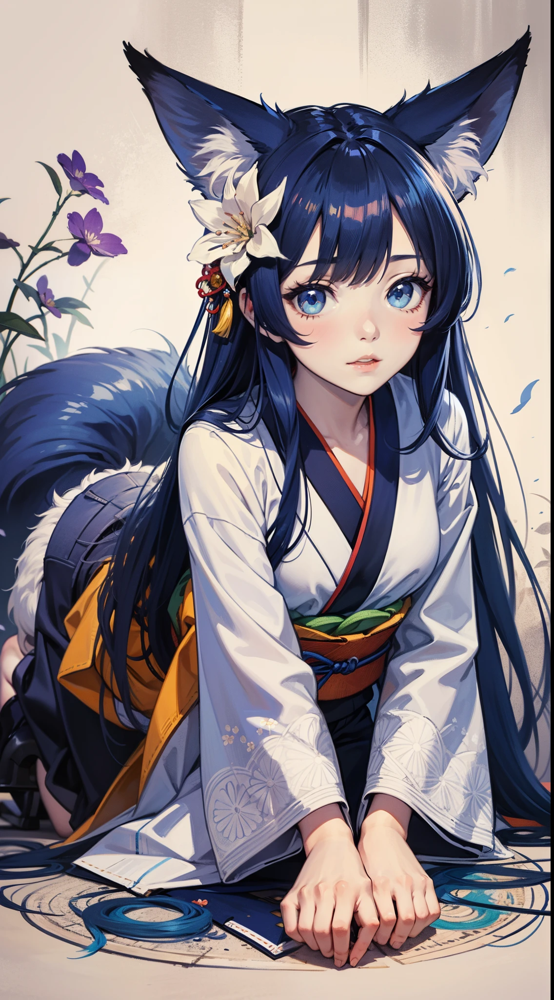 masutepiece, Best Quality,hair flower sketch, flower, Hair Ornament, 1girl in, Animal ears, Blue eyes, white blossoms, Long hair, Solo, Black footwear, Looking at Viewer, blush, Long sleeves, animal ear fluff, Blue hair, Parted lips, Bangs, komono, Full body, extra ear, Hair intake, Shorts, sash, all-fours, Kimono, hair between eye, Fox ears, shoes,