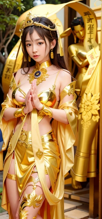1girl in、top-quality、masterpiece、超A high resolution、(Photorealsitic:1.4)、Raw photo、Deities々Goddess Sibit、(Face of 15 year old beautiful girl)、Straight long hair、glowy skin、Dramatic、(Golden See-Through Competition Swimwear)、(Golden transparent fluttering robe)、(Golden Buddha Statue)、(Golden Guanyin Bodhisattva Statue)、((Golden Very Small Tiara))、(Pray)(Standing whole body)、((delicate finger、Delicate hand))、(delicate paws)、(large full breasts、Clean raised bust)、(Rocket Tits)、((Golden garter stockings))、((Golden Ancient Greek Temple))(Golden wall decorated with gold)、(Blur the background)、Woman Praying)、(Pray with Your Hands Together)、Full body、standingn、Pray with Your Hands Together、delicated face、Delicate hand、delicate paws、Anatomy Body、goddes、