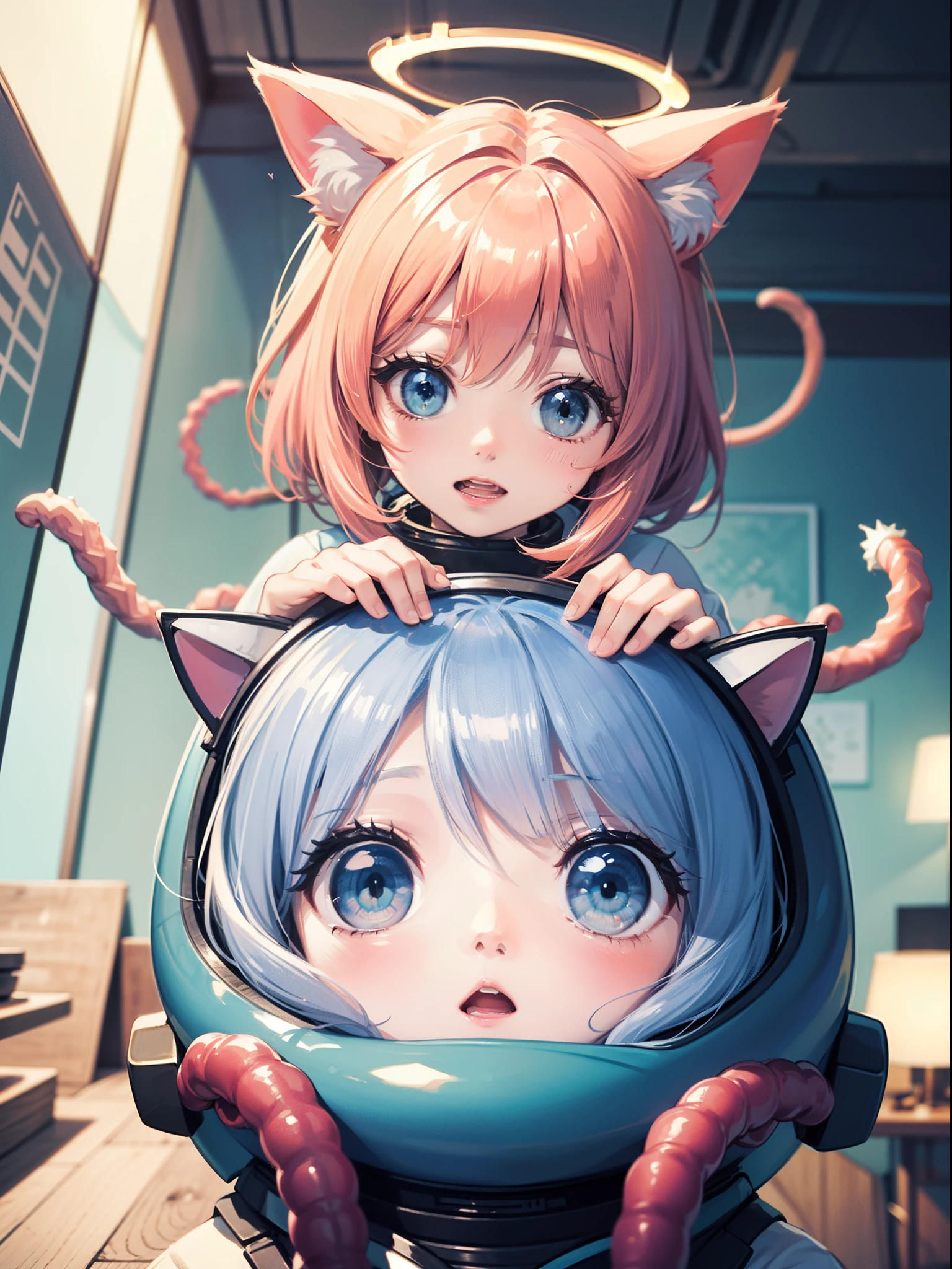Best Quality,Highly detailed, Chibi,(Cat face:1.1)+( slime shape:0.8)+(Cat's ears:1.0)+(White luminescence:1.0),(Indoor:1.2),(Pedras preciosas:1.0),
(Pedras preciosas:1.0),
/=, /=, /=,
(Petite:1.4), [(Lori:1.33):5], ((heart tentacles:0.6|pink space helmet:0.4, Cat):1.1), ((Shiny skin)), (beautiful detailed halo:1.2):3], ((Floating hair)), ((detailed cute anime face)), blush, (((Open mouth))), lightsmile,
/=, /=, /=,
Best Quality,Highly detailed, Chibi,(Cat face:1.1)+( slime shape:0.8)+(Cat's ears:1.1)+(White luminescence:1.0),(Beautiful detailed indoor:1.2),(Cyberpunk:1.0),
