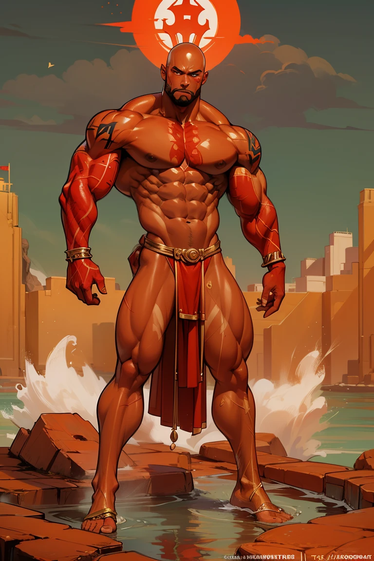 ((Confident pose:1.5)), a painting of a (((muscular))) man with water Aura, large body of water surrounds man, The God Poseidon, ((thick muscular thighs)), The God of the Sea, gold loincloth, divine, ((colored red skin)), colored skin, ((red skin:1.5)),((red face)), ((red legs)), ((red arms)), ((red feet)), Like an Atlantean, ((no hair)), veiny biceps, chiseled abs, muscular legs, bald head, masterpiece, 8k