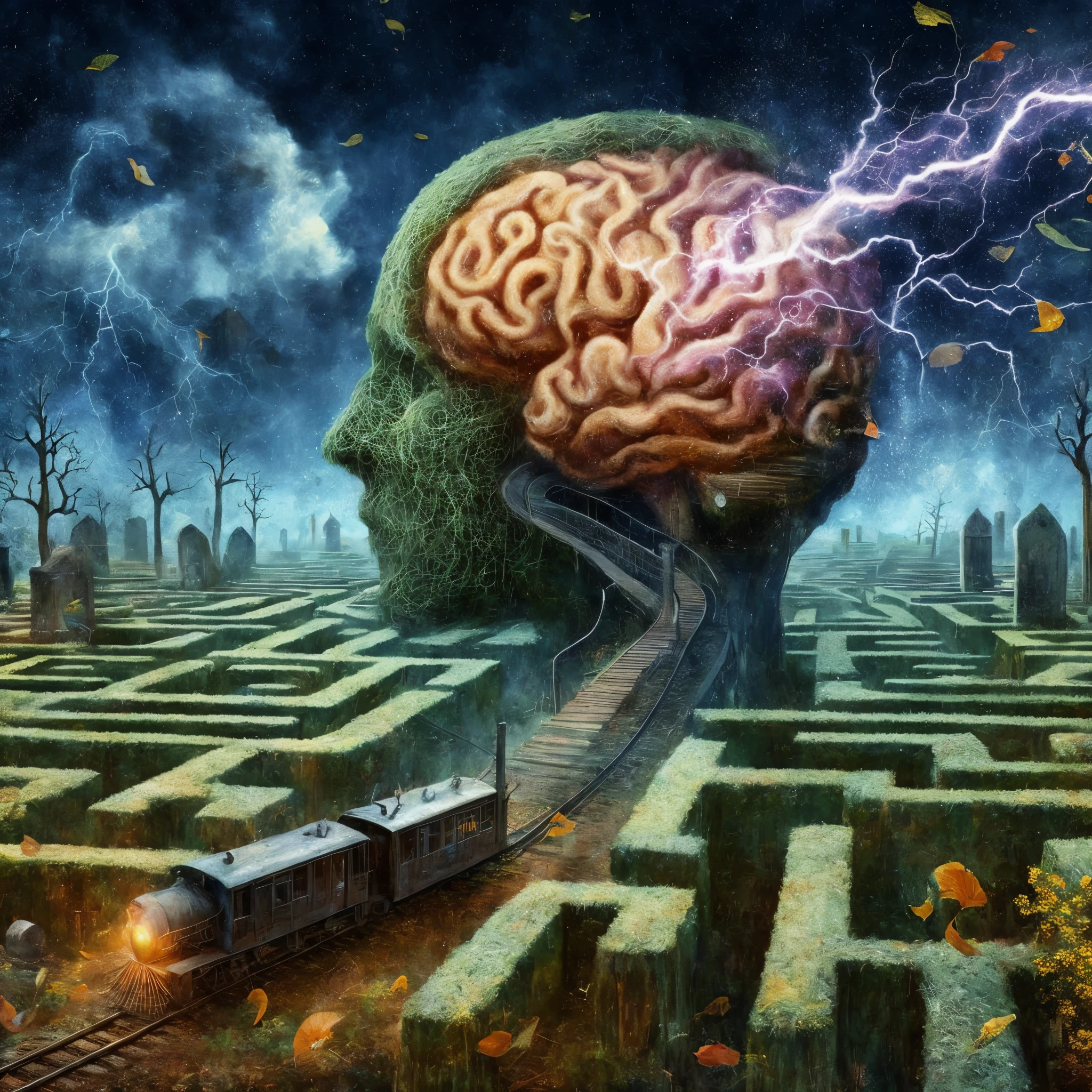 Eine Nahaufnahme eines Zuges, who drives through a labyrinth, mit einem Gehirn in der Mitte, Betreten des Gedankenlabyrinths, Matte Malerei des menschlichen Geistes, Erinnerung in der Ewigkeit gefangen, Tragedy of the mind - driven, Surreale Konzeptkunst, Surreale Kunst, Horror surrealistische Kunst, Surreale Illustration, Surreale, dark art, surrealistisch + Highly detailed, Biomechanische Eisenbahn, Illusion surrealistische Kunst