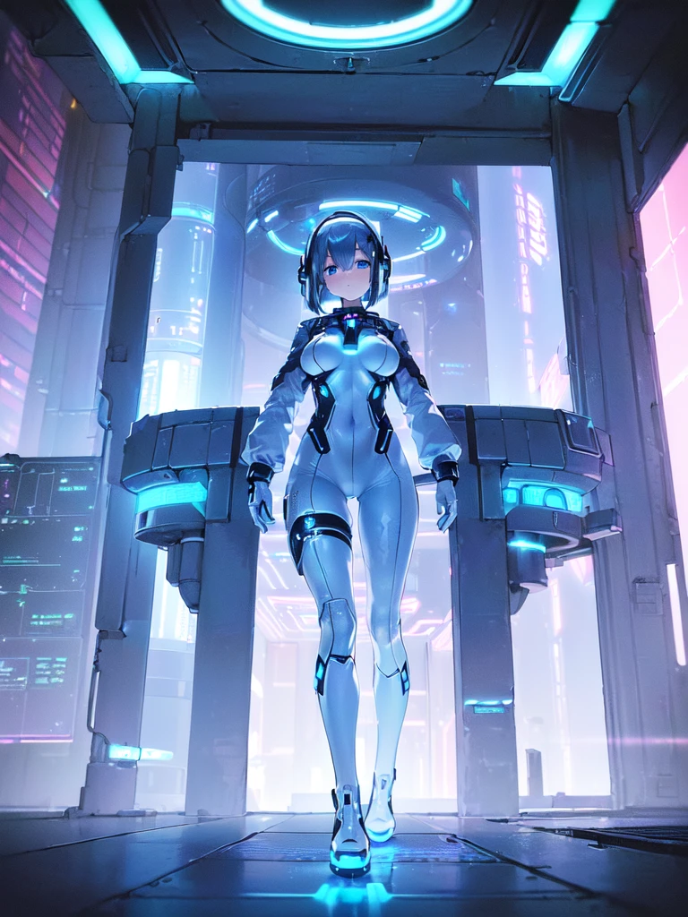 masterpiece:1.4, 1girl in ((20yr old, Wearing a futuristic white and silver costume, Tight Fit Bodysuit, long boots, Very gigantic-breasts, (Colorful blue hair):1.3, a short bob, Perfect model body, Blue eyes:1.2, Wearing headphones, Looking out the window of the futuristic sci-fi space station、While admiring the beautiful galaxy:1.2, SFSF control room on night background:1.1, Neon and energetic atmosphere:1.2)) ((Galaxy))