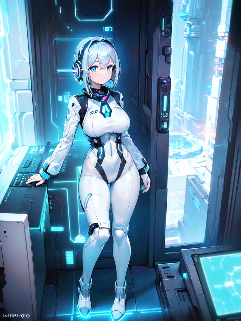 ​masterpiece:1.4, 1girl in ((20yr old, Wearing a futuristic white and silver costume, Tight Fit Bodysuit, long boots, Very gigantic-breasts, (Colorful blue hair):1.3, a short bob, Perfect model body, Blue eyes:1.2, Wearing headphones, Looking out the window of the futuristic sci-fi space station、While admiring the beautiful galaxy:1.2, SFSF control room on night background:1.1, Neon and energetic atmosphere:1.2)) ((Galaxy))