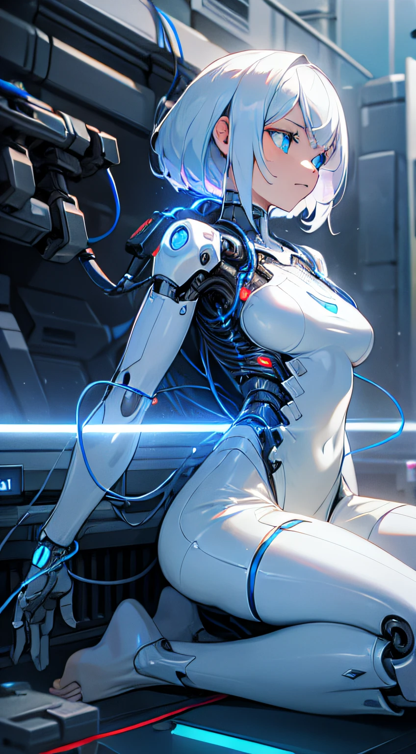 a cyborg lady, mechanical parts, white dress, metal skin, (glowing blue eyes), cables, wires, white hair,
barefoot