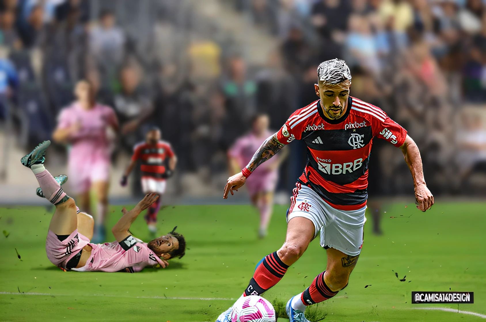 deixe a imagem mais realista e com efeitos especiais de design no estilo flyer esportivo design, Sharper image, pieces of grass flying effect, do not modify the characteristics of people in the image or in their clothes