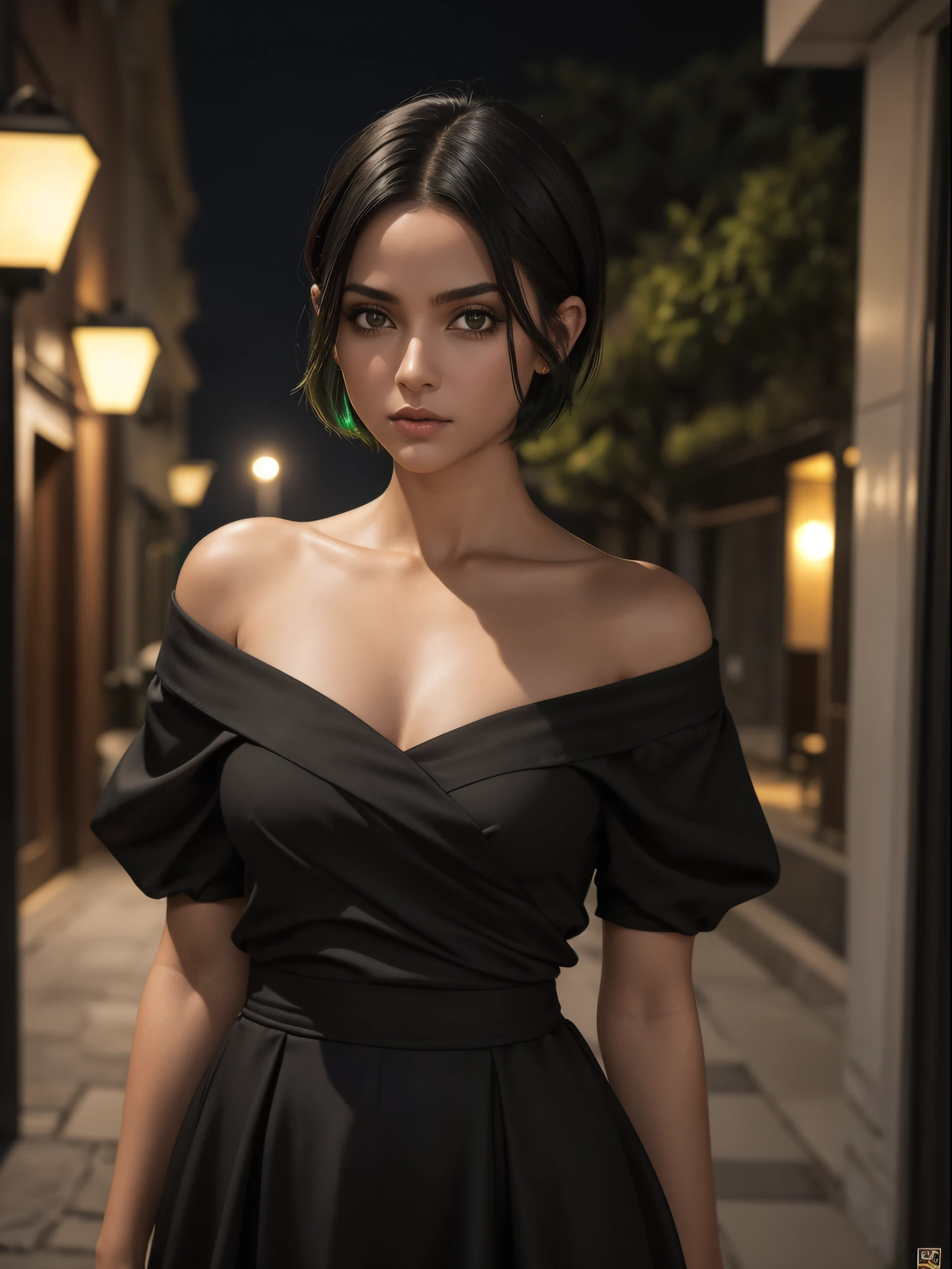 uma jovem de cabelo preto, olhos verdes, short hair up to the shoulders, she is in the square, it is night time, ela esta de roupa simples e elegante, roupas detalhadas, is discouraged, melhor fotografia, obra prima, luz cinematografica, She's serious