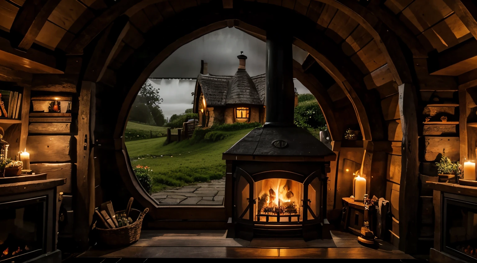 a cozy hobbit house in hobbiton opened door fireplace side in a grey cloudy rainy night