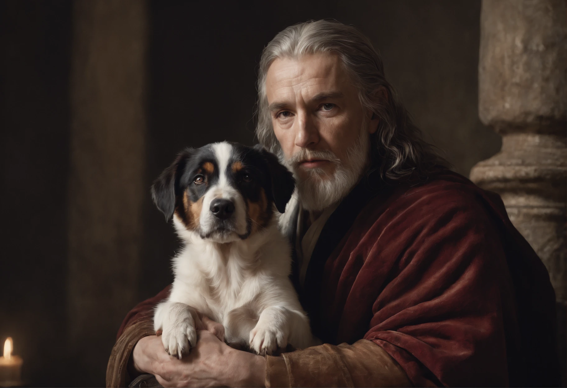 Baroque, Hyperrealism, 135mm, Nikon, chiaroscuro, cinematic lighting, god rays, drop shadow, Dutch Golden Age painting, Hyperrealism, Realism, Neoclassicism, UHD, retina, masterpiece, ccurate, super detail, high details, high quality, award winning, best quality, highres, 4K, hyper-realistic image, beard, black_hair, two dogs, facial_hair, multiple_boys, old, painting_(medium), rating_safe, barefoot, sitting, holding_hands, own_hans_clased, ribbon, muscular, long_hair, open_mouth, armor, bald, navel, old_man, multiple_girls, Caravaggio style image.