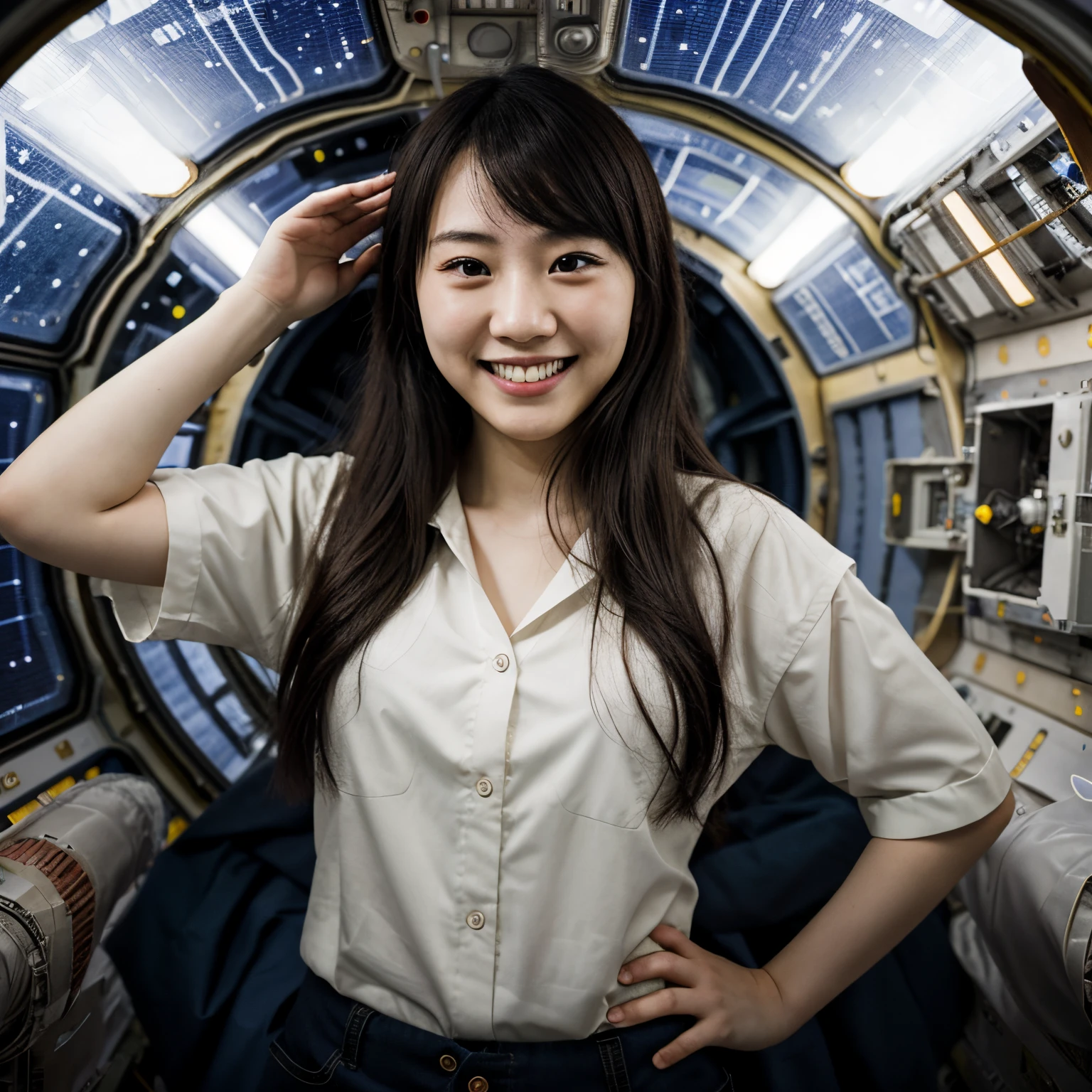 Japanese girl in space colony, Smile, toppless, bottom less