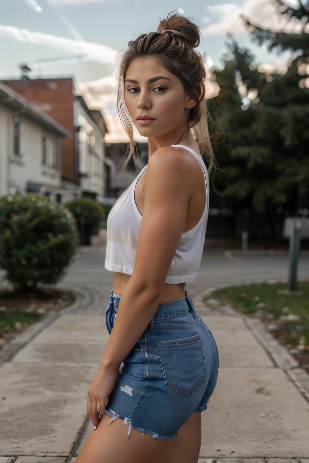 (best quality:1.4), (ultra highres:1.2), (photorealistic:1.4), (8k, RAW photo:1.2), 1girl, photo of jasminvoigt casual clothes, outside, upper body, hair in a bun, posing