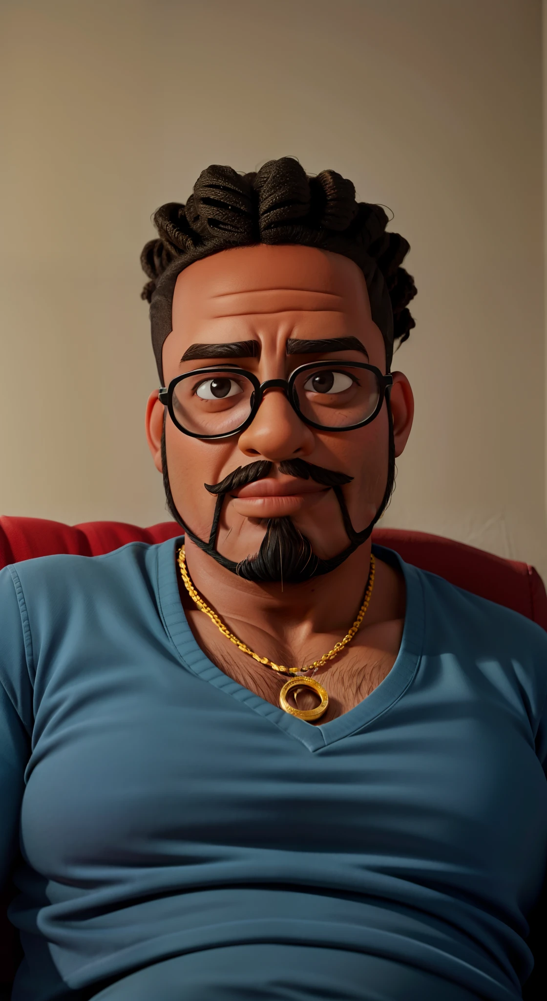 Homem negro gordo, cabelo encaracolado, beard and glasses sitting on the sofa looking
