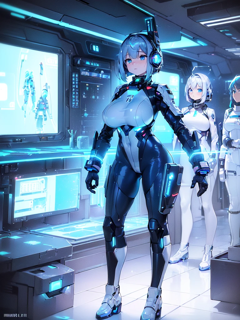 masterpiece:1.4, 1girl in ((20yr old, Wearing a futuristic white and silver costume, Tight Fit Bodysuit, long boots, Very gigantic-breasts, (Colorful blue hair):1.3, a short bob, Perfect model body, Blue eyes:1.2, Wearing headphones, Looking out the window of the futuristic sci-fi space station、While admiring the beautiful galaxy:1.2, SFSF control room on night background:1.1, Neon and energetic atmosphere:1.2)) ((Galaxy)),mecha musume,Headgear,Mechanical parts,Robot joints