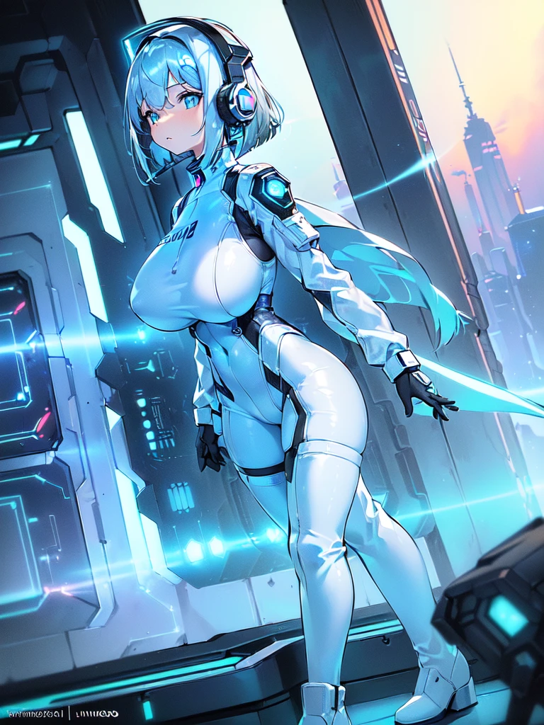 ​masterpiece:1.4, 1girl in ((20yr old, Wearing a futuristic white and silver costume, Tight Fit Bodysuit, long boots, Very gigantic-breasts, (Colorful blue hair):1.3, a short bob, Perfect model body, Blue eyes:1.2, Wearing headphones, Looking out the window of the futuristic sci-fi space station、While admiring the beautiful galaxy:1.2, SFSF control room on night background:1.1, Neon and energetic atmosphere:1.2)) ((Galaxy))