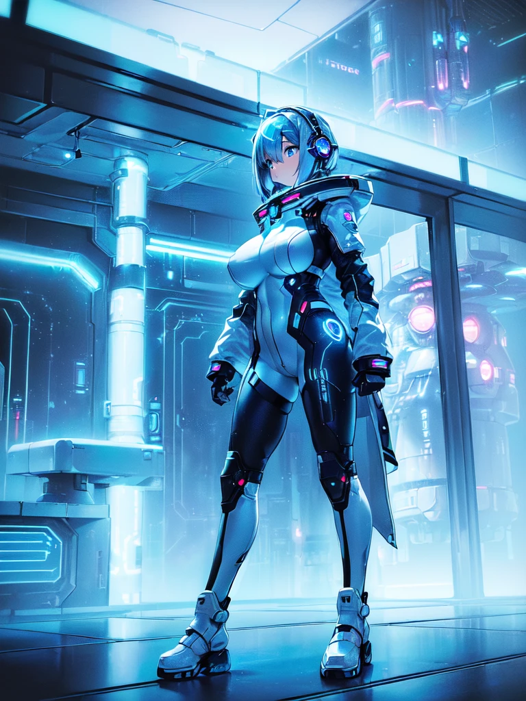 ​masterpiece:1.4, 1girl in ((20yr old, Wearing a futuristic white and silver costume, Tight Fit Bodysuit, long boots, Very gigantic-breasts, (Colorful blue hair):1.3, a short bob, Perfect model body, Blue eyes:1.2, Wearing headphones, Looking out the window of the futuristic sci-fi space station、While admiring the beautiful galaxy:1.2, SFSF control room on night background:1.1, Neon and energetic atmosphere:1.2)) ((Galaxy))