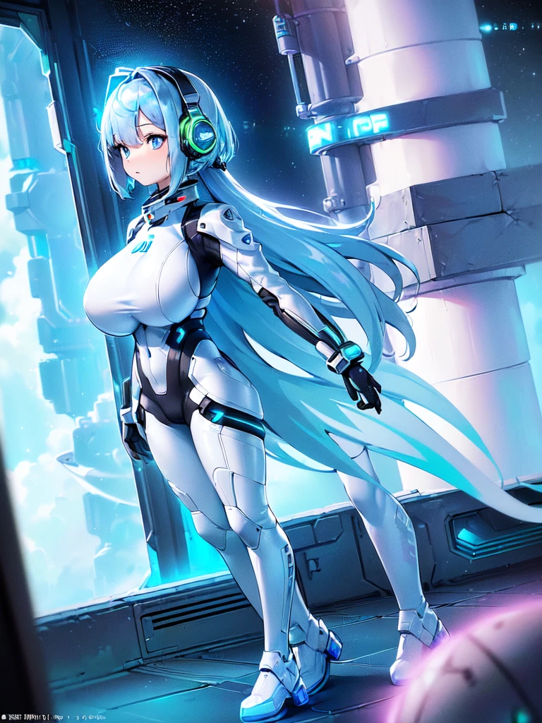 ​masterpiece:1.4, 1girl in ((20yr old, Wearing a futuristic white and silver costume, Tight Fit Bodysuit, long boots, Very gigantic-breasts, (Colorful blue hair):1.3, a short bob, Perfect model body, Blue eyes:1.2, Wearing headphones, Looking out the window of the futuristic sci-fi space station、While admiring the beautiful galaxy:1.2, SFSF control room on night background:1.1, Neon and energetic atmosphere:1.2)) ((Galaxy))