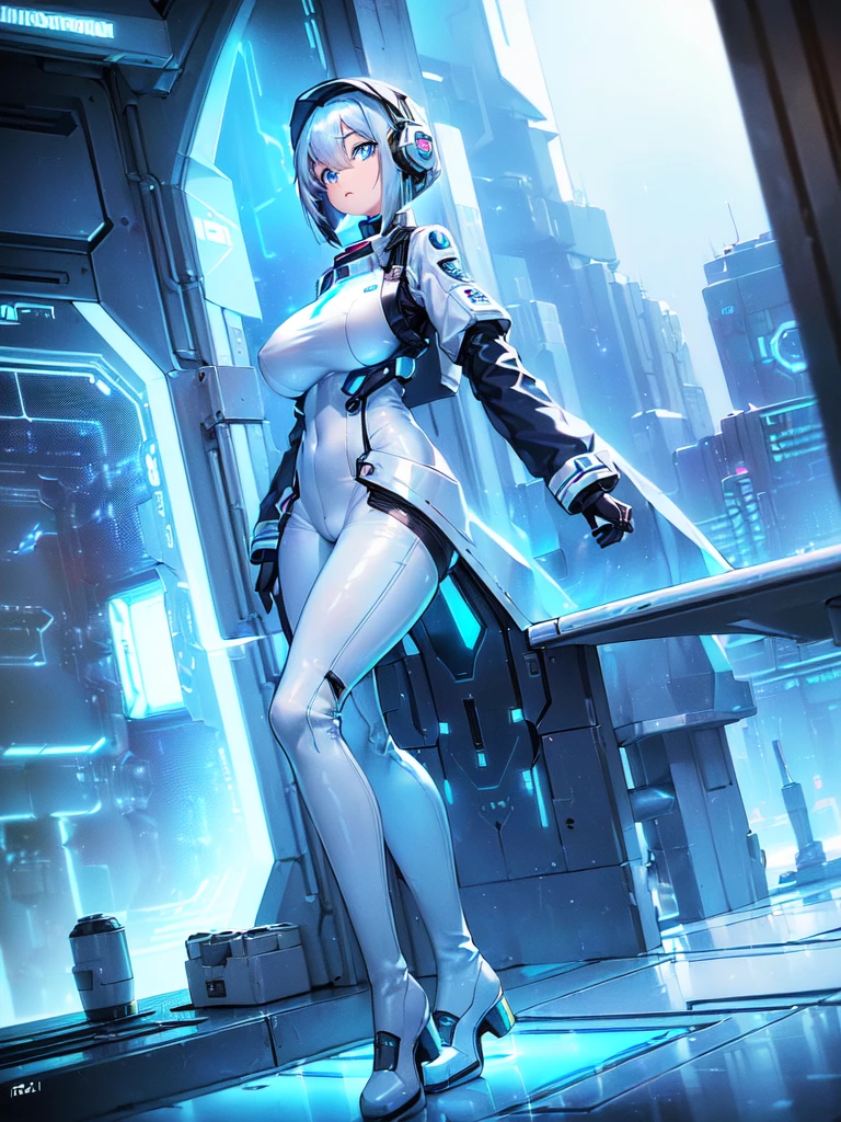 ​masterpiece:1.4, 1girl in ((20yr old, Wearing a futuristic white and silver costume, Tight Fit Bodysuit, long boots, Very gigantic-breasts, (Colorful blue hair):1.3, a short bob, Perfect model body, Blue eyes:1.2, Wearing headphones, Looking out the window of the futuristic sci-fi space station、While admiring the beautiful galaxy:1.2, SFSF control room on night background:1.1, Neon and energetic atmosphere:1.2)) ((Galaxy))