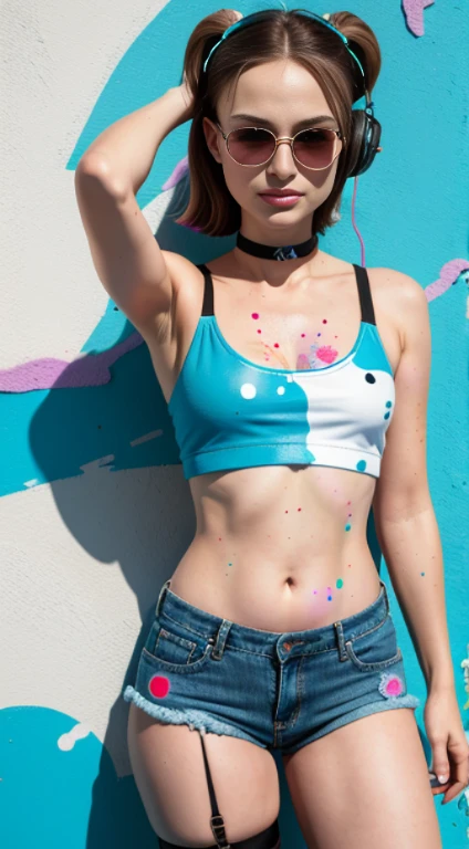 Natalie Portman、masterpiece, top-quality, 1girl in, 独奏, croptop, Denim shorts, a choker, (doodle:1.5), Paint Splatter, arms behind back, Hitting a wall, Look at viewers, Armbands, Thigh strap, Paint on the body, tilt of the head, tedium, O cabelo multicolorido, Aqua Eye, headset on head,