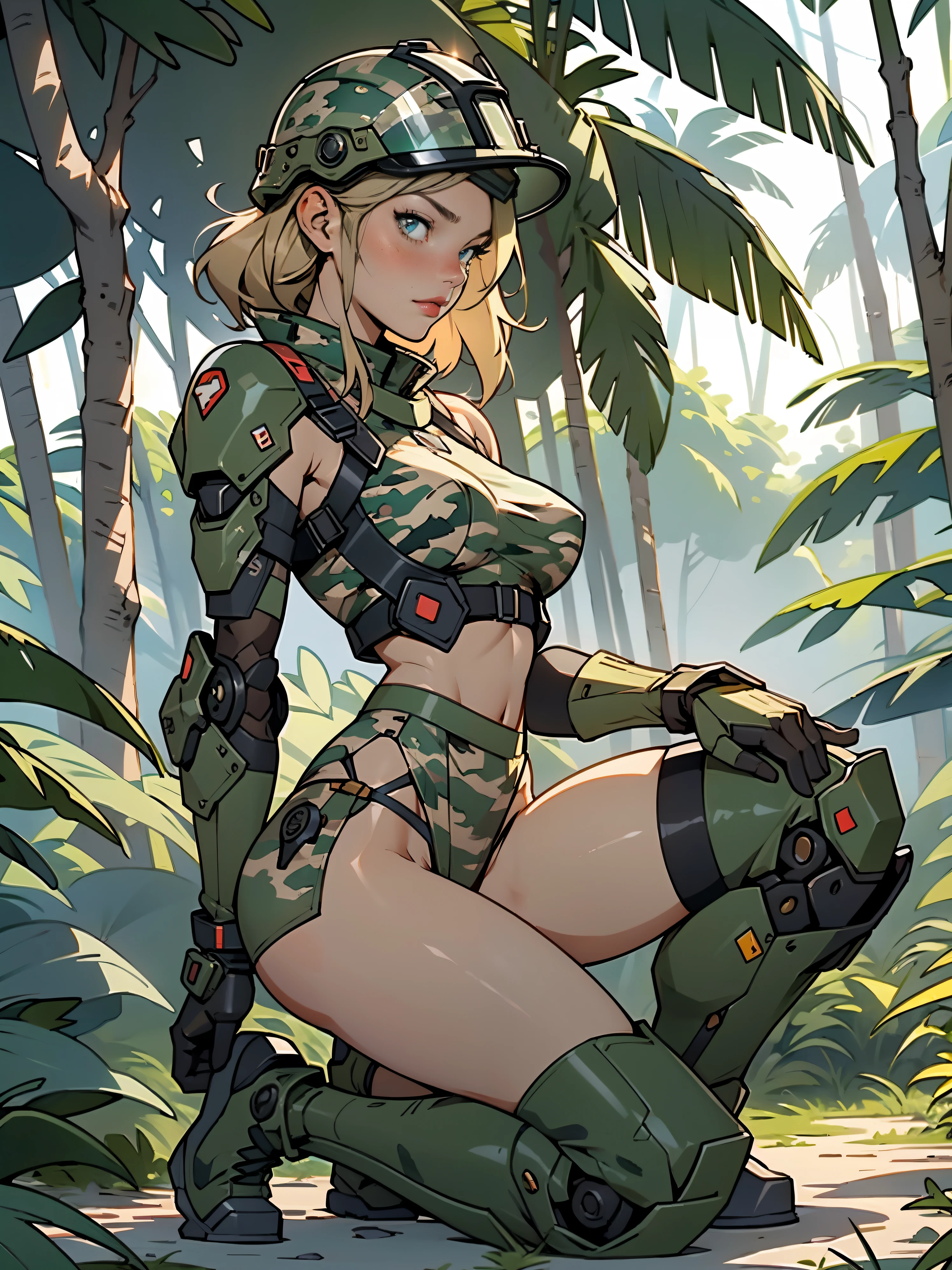 1woman 20 years old, max resolution, sculpted, military, wearing a soldier helmet, beautiful, perfect body, blonde hair, blue eyes, perfect body, thin waist, wide hips, large breasts, slim thighs, jungle background, armored vehicle, military robot dog, camouflaged uniform, tight panties, two-piece, highly detailed, high resolution, perfect hands, side view, camo, face fully turned to the side to look at the viewer, turn her head to look at the viewer, genuflection kneeling, one knee on ground, one knee up, bare shoulders