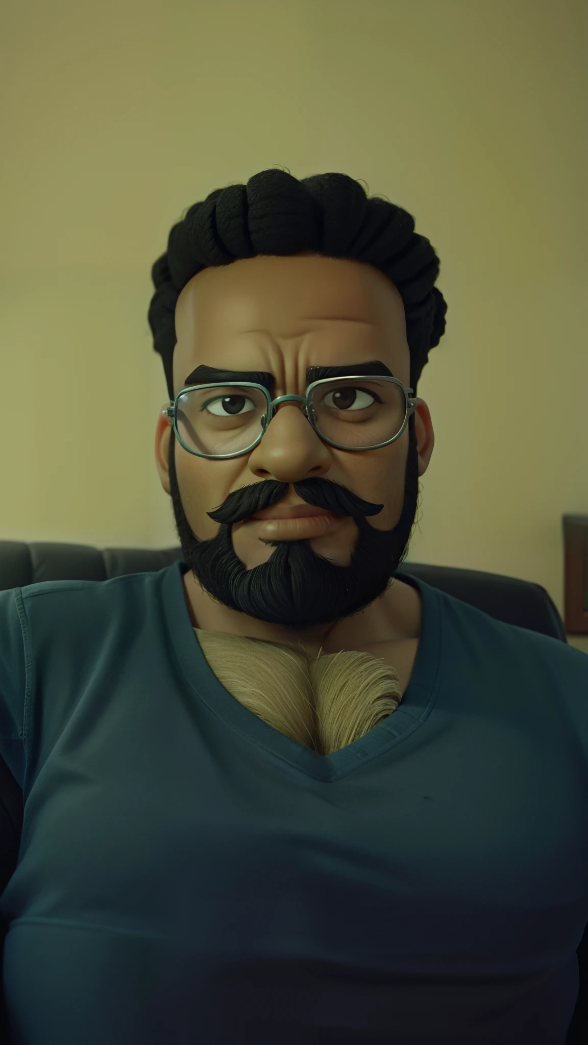 Homem negro gordo, cabelo encaracolado, beard and glasses sitting on the sofa looking