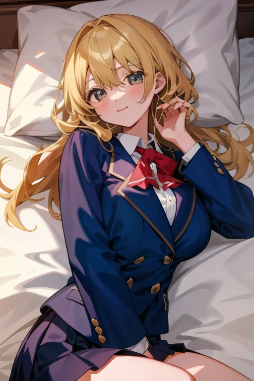 (8K、top-quality、top-quality、​masterpiece、ighly detailed: 1.2)、女の子 1 人、The upper part of the body、femele、Lying in bed、full of shyness、I'm surprised、at noon、 head-on、blonde  hair、a blond、He is wearing a blazer and his clothes are exposed.、in school uniform、Pupils、Breasts are big、huge tit