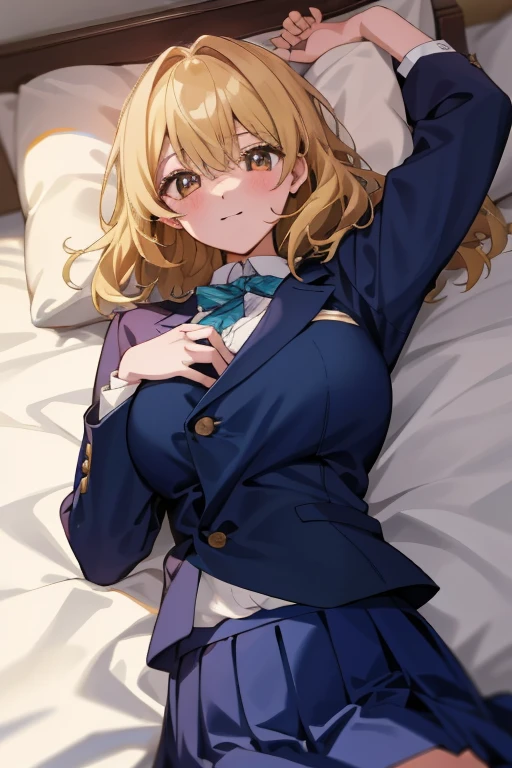 (8K、top-quality、top-quality、​masterpiece、ighly detailed: 1.2)、女の子 1 人、The upper part of the body、femele、Lying in bed、full of shyness、I'm surprised、at noon、 head-on、blonde  hair、a blond、He is wearing a blazer and his clothes are exposed.、in school uniform、Pupils、Breasts are big、huge tit