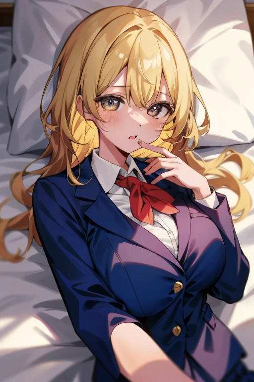 (8K、top-quality、top-quality、​masterpiece、ighly detailed: 1.2)、女の子 1 人、The upper part of the body、femele、Lying in bed、full of shyness、I'm surprised、at noon、 head-on、blonde  hair、a blond、He is wearing a blazer and his clothes are exposed.、in school uniform、Pupils、Breasts are big、huge tit