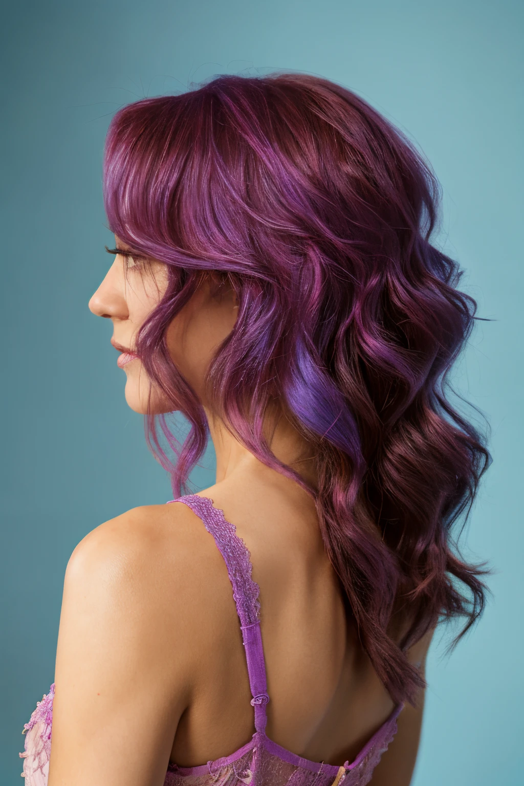 Best Quality, photorealestic, Ultra-detailed, finely detail, hight resolution, 8k wall paper, Professional, (Attractive 20 year old woman ), Elegant and stylish short curly length blue pink purple half coloring hair ,lace party dress, girl look from the back ), natural lighting, On light blue Background